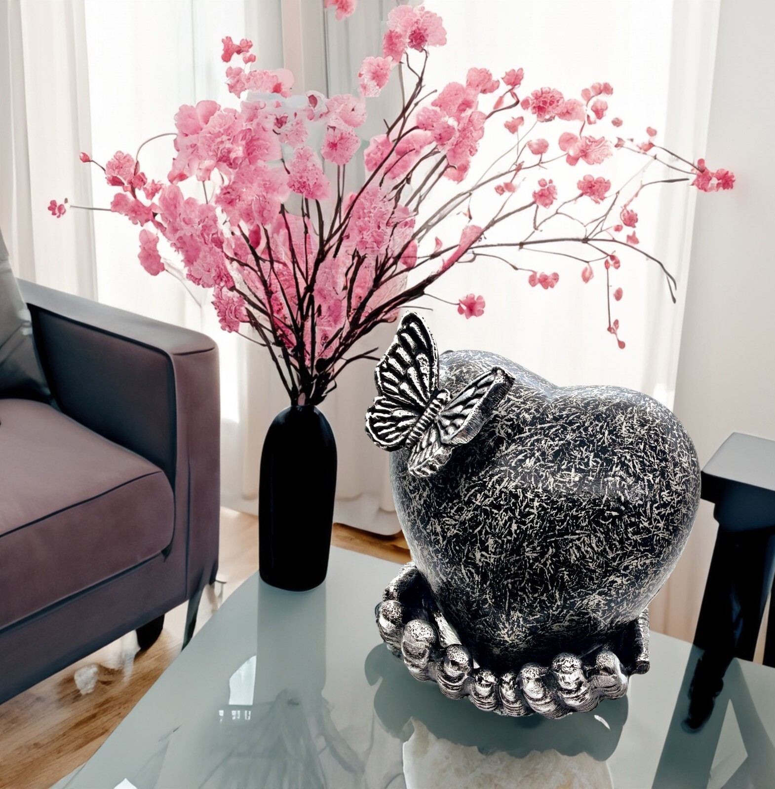 Butterfly Heart Cremation Urn for Ashes with Hand Shape Stand Memorial Keepsake
