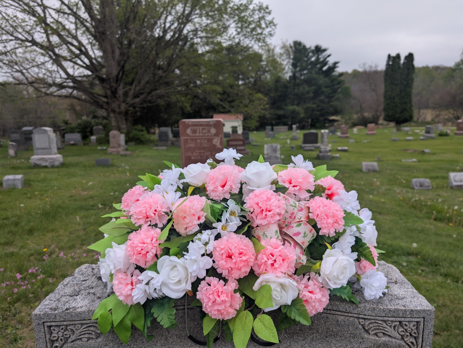 Pink White Cemetery Saddle- Spring Memorial Arrangement -Mother’s Day Flowers