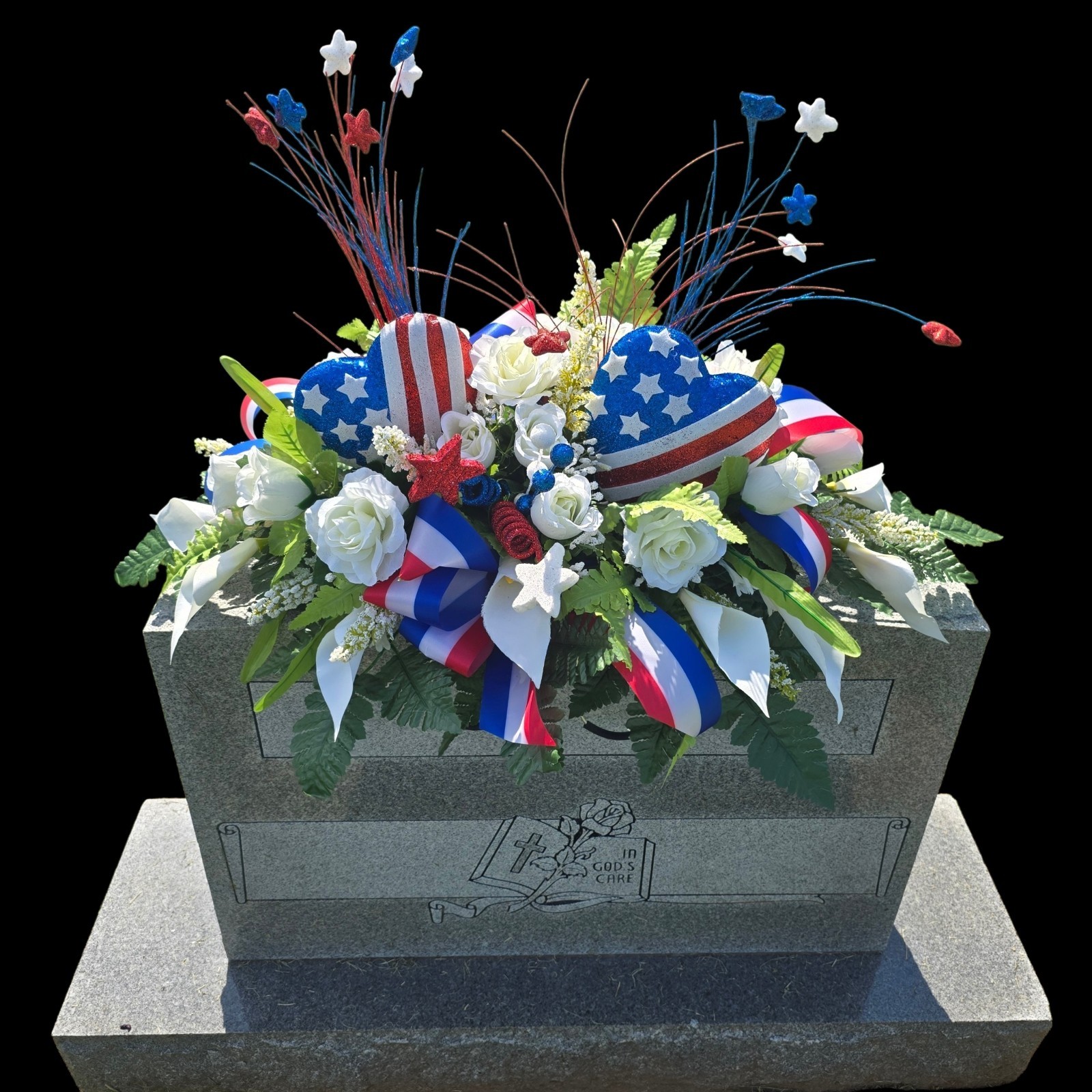 Patriotic Cemetery Headstone saddle RWB with Red,white, And Blue HEARTS
