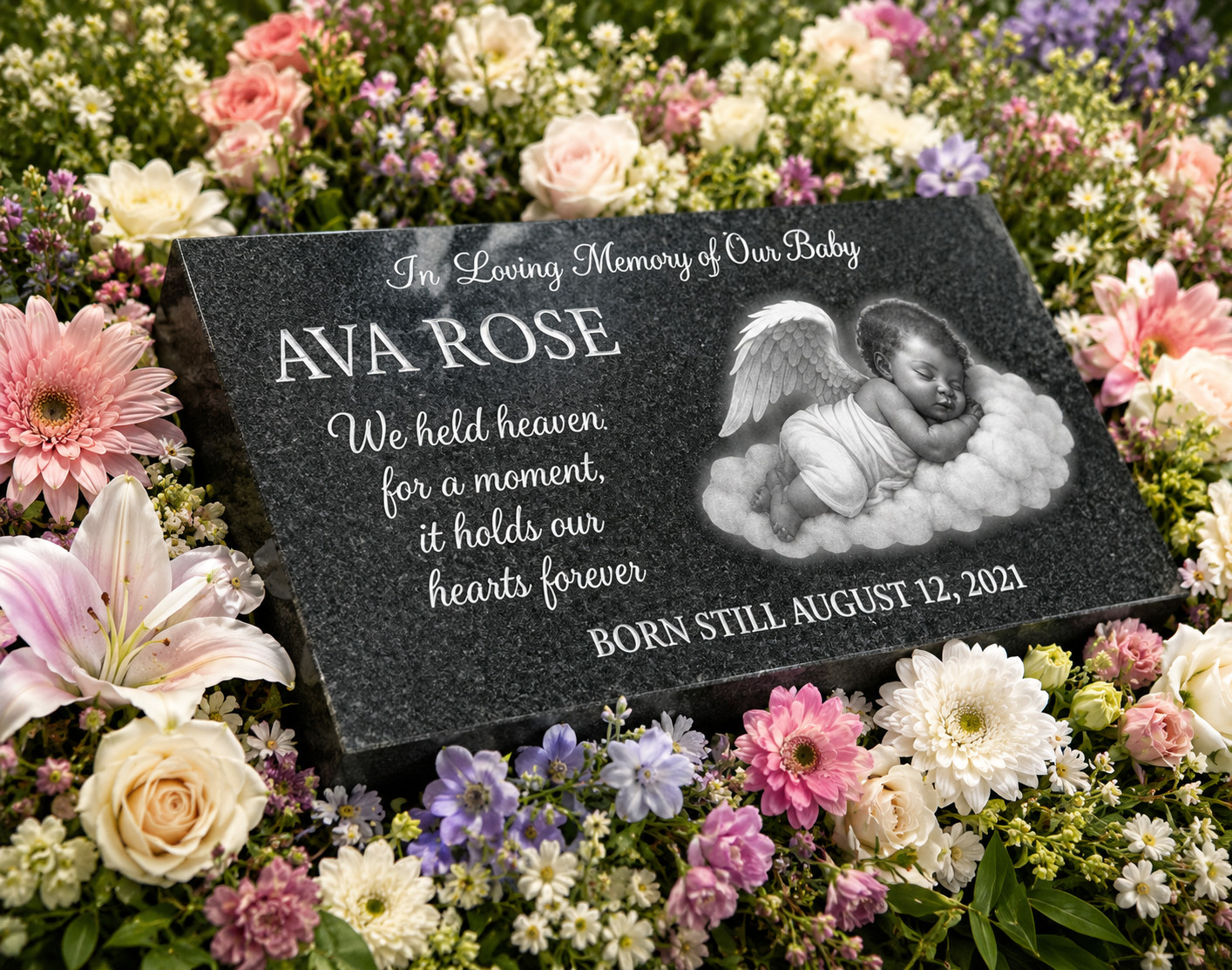 Custom Black Granite Baby Angel Grave Marker Headstone Memorial 16″x8″x4″