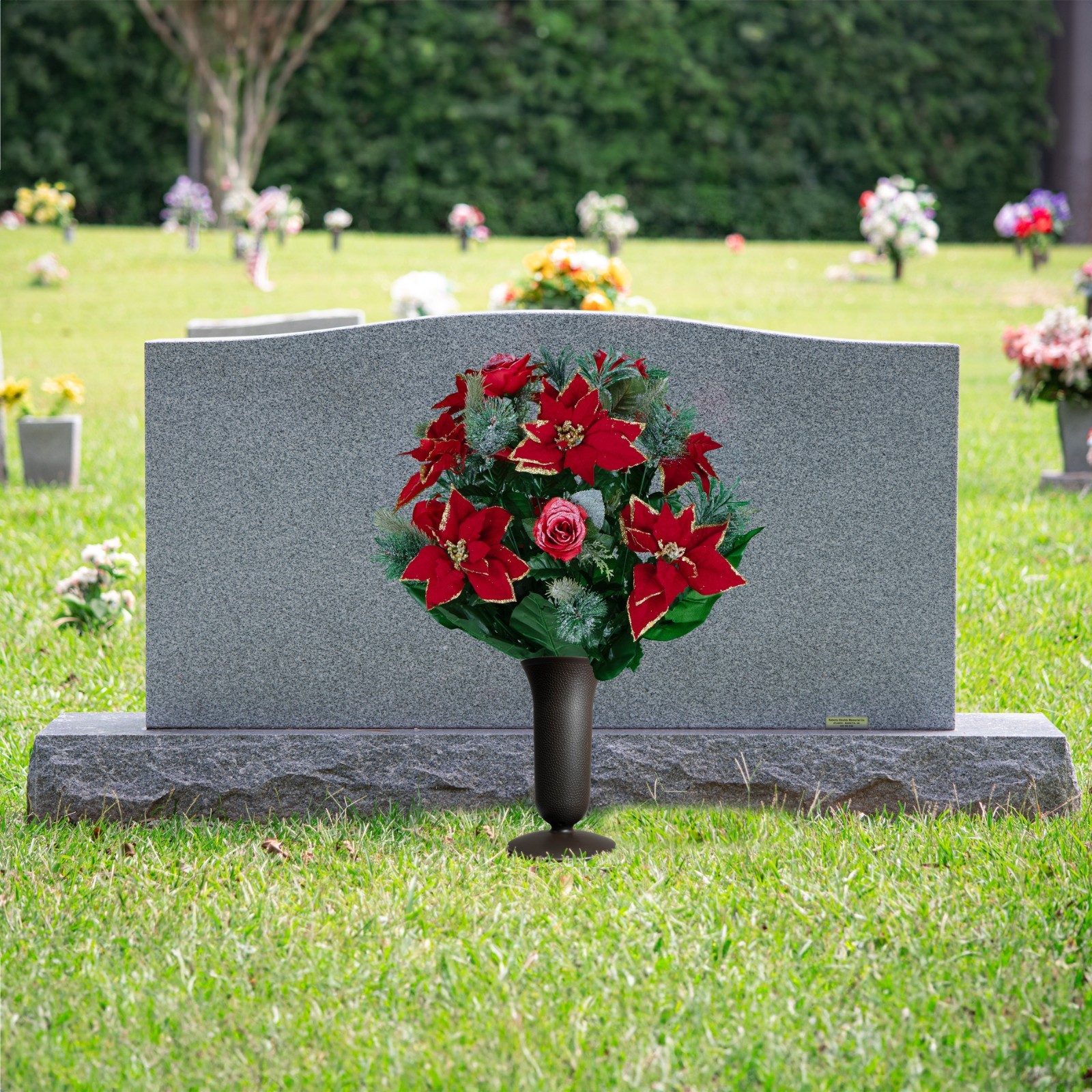 Artificial Flowers- Red Poinsettias, Roses, Glitter & Frosted Branches with Vase