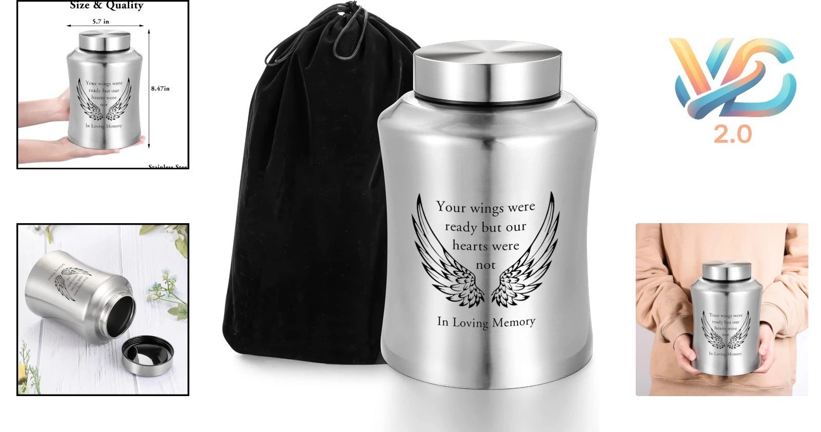 Large Stainless Steel Cremation Urn for Adults with Wings Engraving Silver