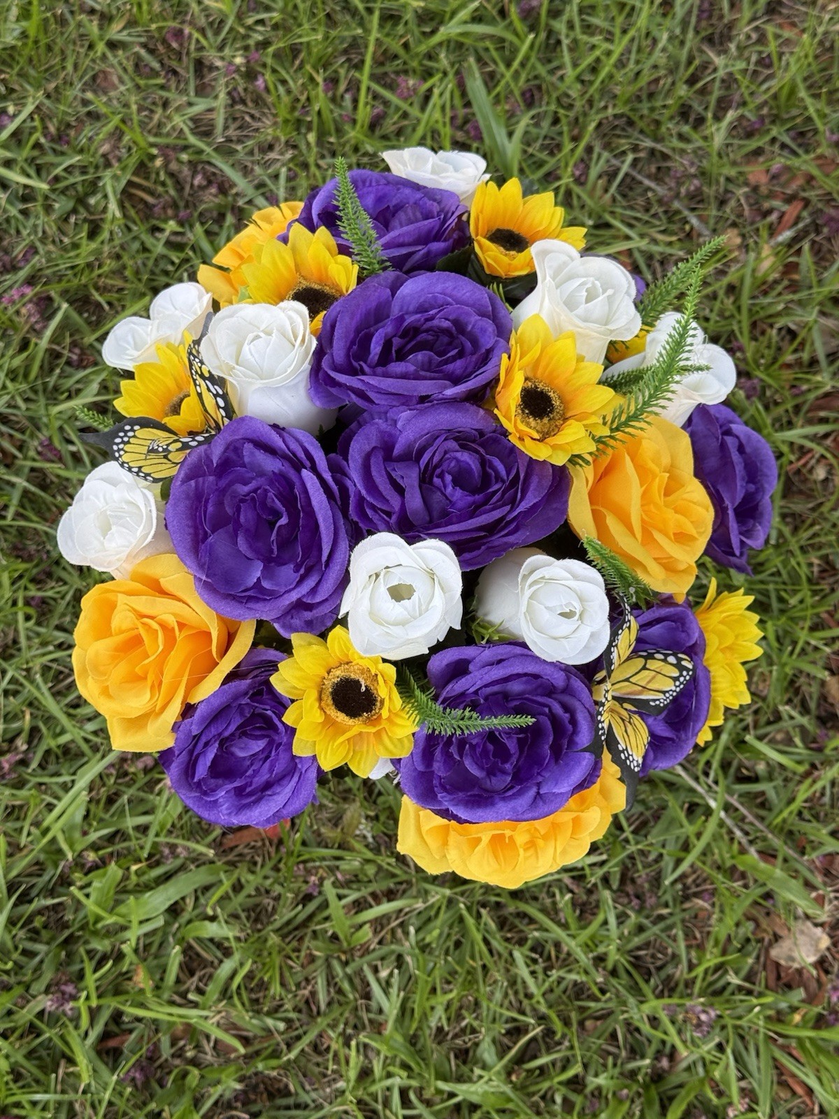 Cemetery Vase Memorial Silk Flower Arrangement Purple, Off White, Butterfly