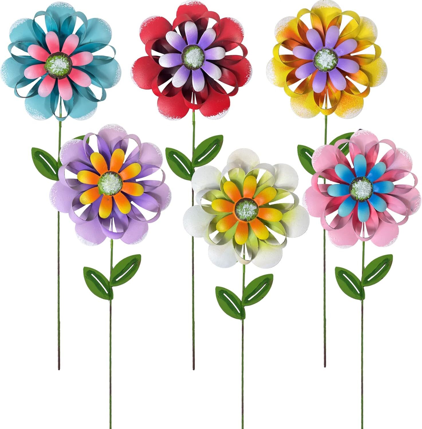 Metal Flower Garden Stakes 6 Pc. Set Large Colorful Decorative Landscape and …