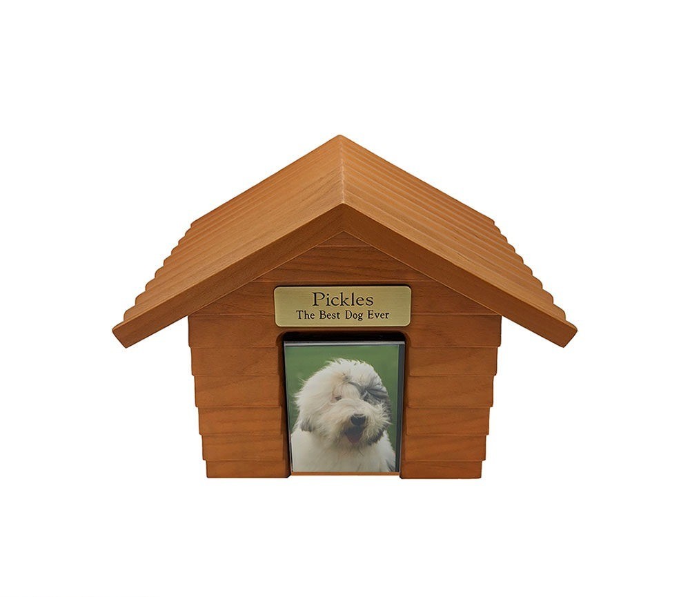 Small 45 Cubic Inches Cherry Doghouse Urn for Ashes with Engravable Nameplate