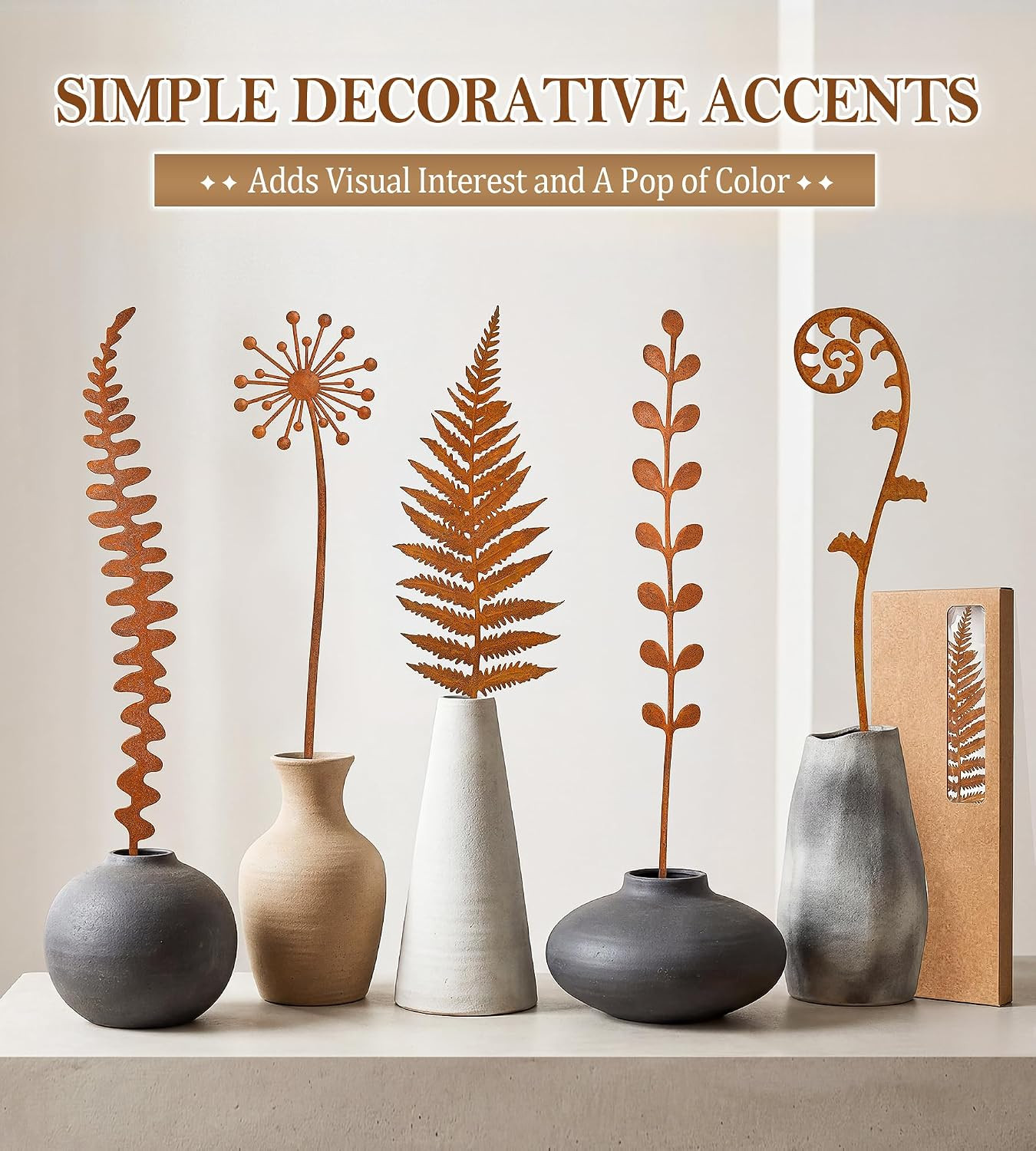 Metal Decorative Garden Stakes,15.7 Inch Rusty Fern Plant Yard Art Stakes for Ou