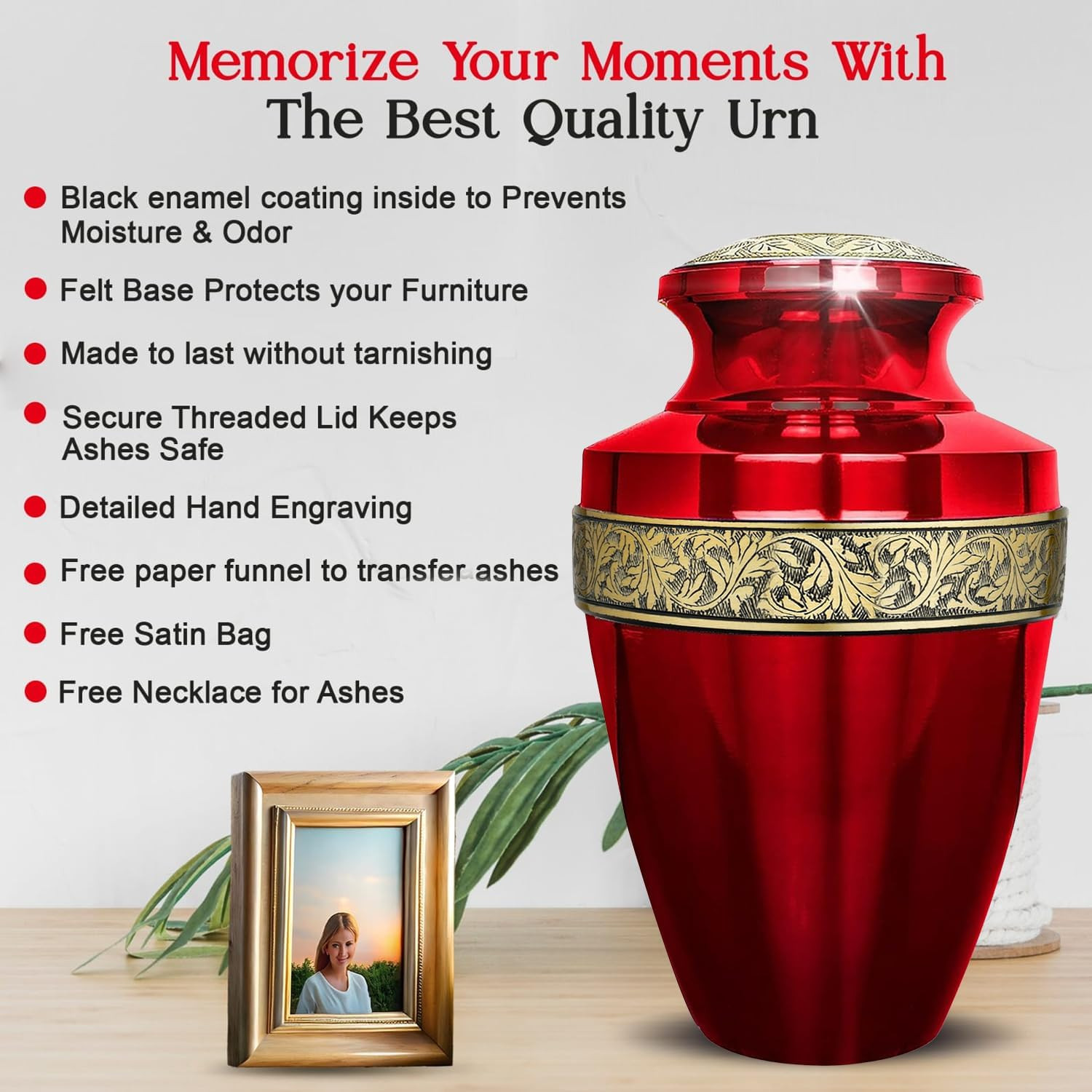 Elegant Red & Gold Urn Set for Adults | 6 Urns + Ash Necklace Included