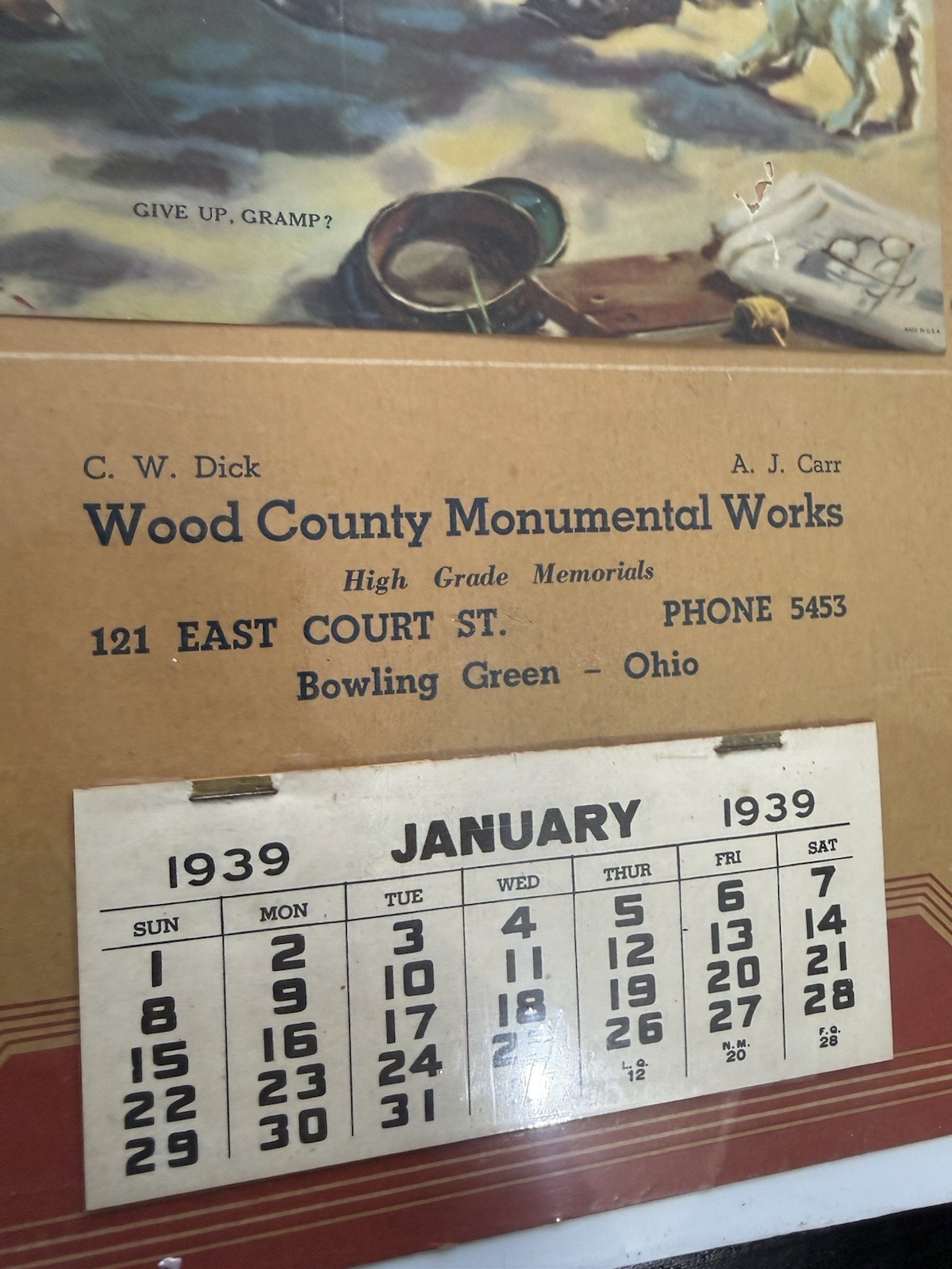 1939 Wood County Monumental Works Old Vintage Calendar Cemetery Memorial Grave