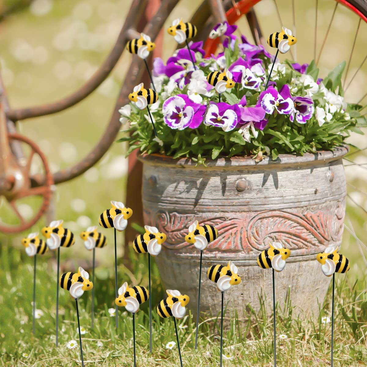 10Pcs Bee Garden Stakes Decor Metal Yard Art Ornaments Front Yard Art Stick F…