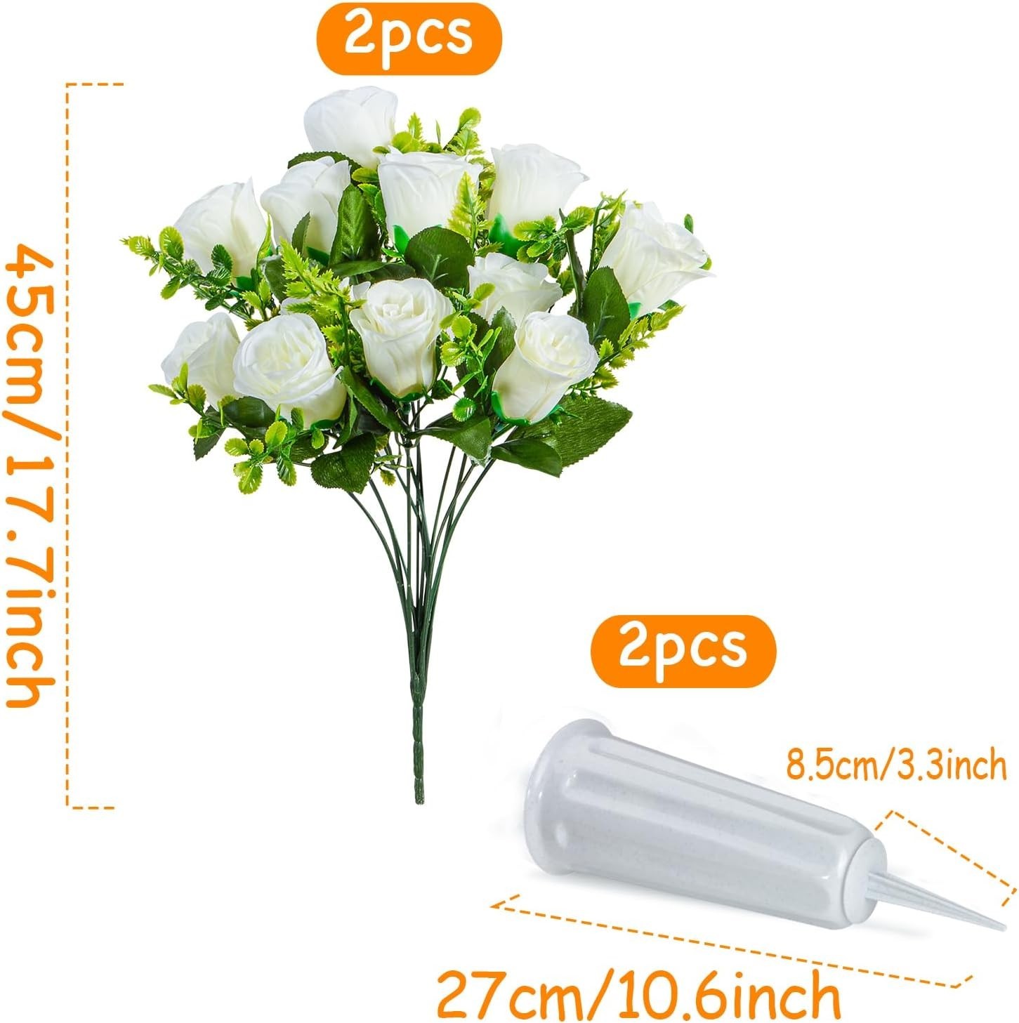 Beautiful White Rose Artificial Grave Flowers Set with Sturdy Vases – Set of 2