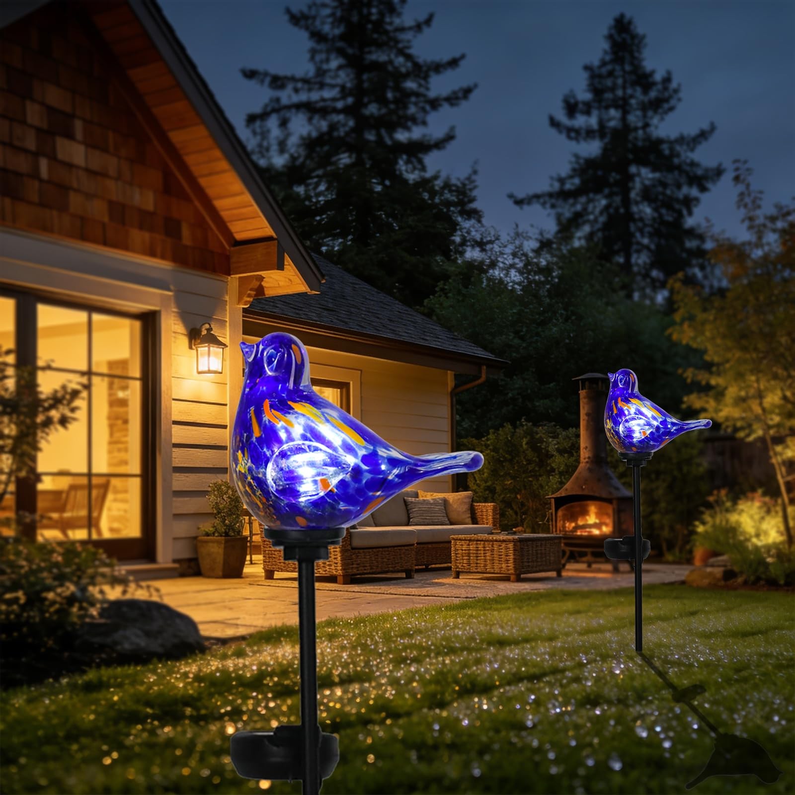 Solar Garden Lights HandBlown Glass Bird Stake Waterproof LED for Outdoors