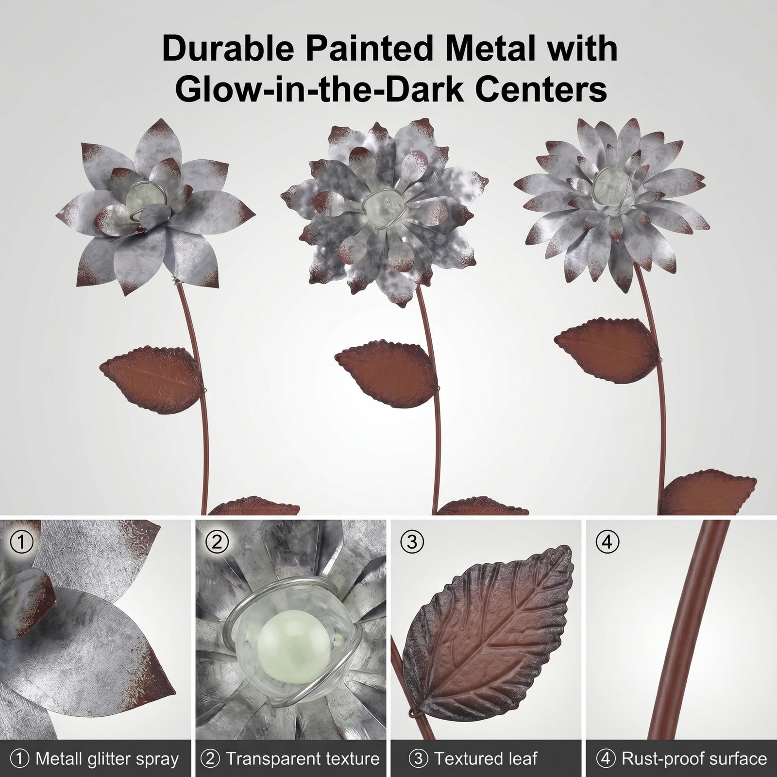 Topadorn 3-Pack Metal Flower Solar Garden Stakes – Waterproof Rust-Proof Glow…