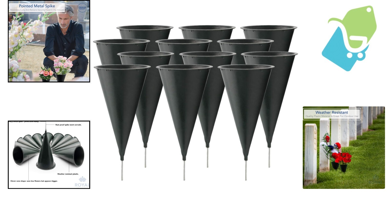 Durable Outdoor Memorial Markers – Green Cemetery Cone Vases for Floral Displays