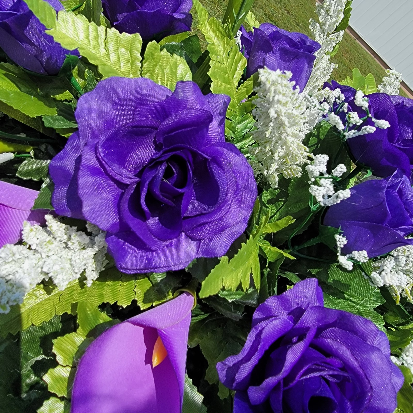 Purple Calla Lily and Rose Headstone Saddle and Cemetery Cone