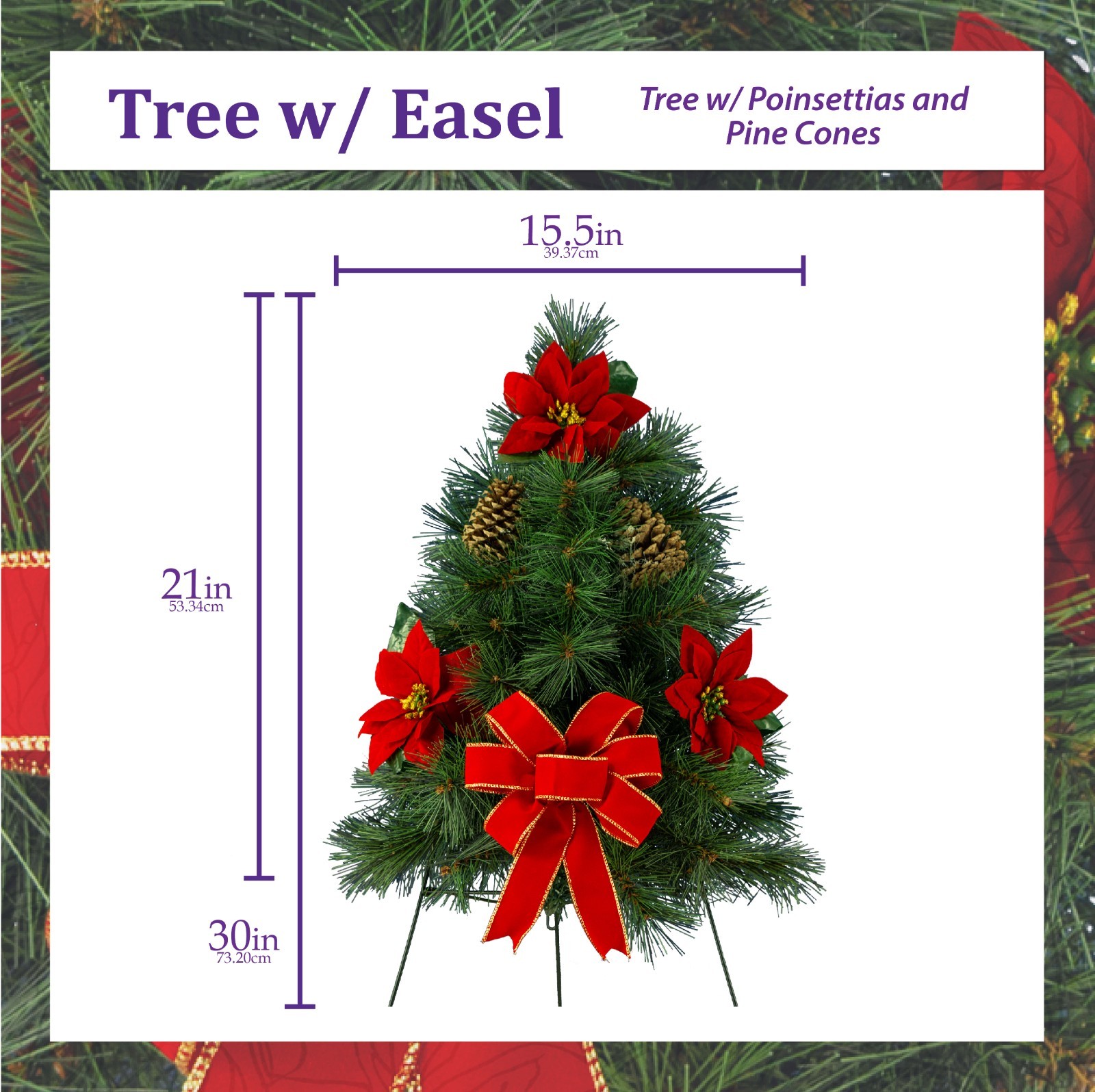Artificial Christmas Tree with Poinsettias, Pine-Cones & Hand-Tied Bow on Easel