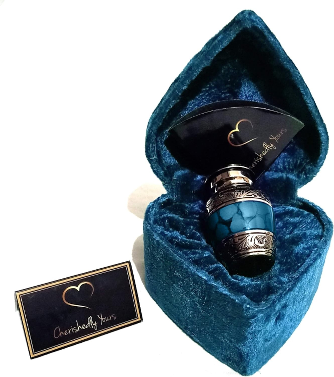Hand Engraved Mini Cremation Urn with Velvet Heart Case – 3 Tablespoon Capacity