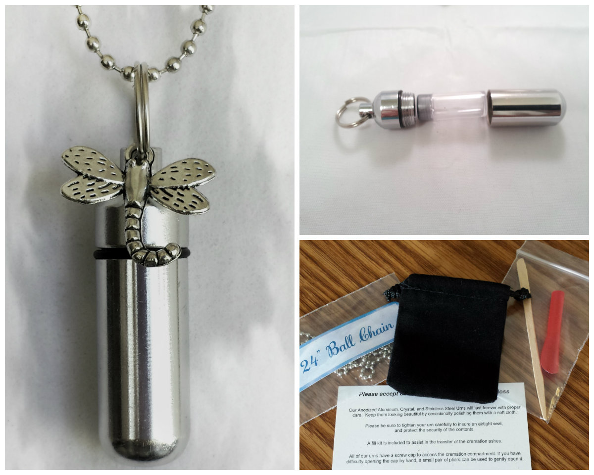 Mystical Dragonfly Cremation Urn Keepsake w/24″ Necklace, Velvet Pouch, Fill Kit