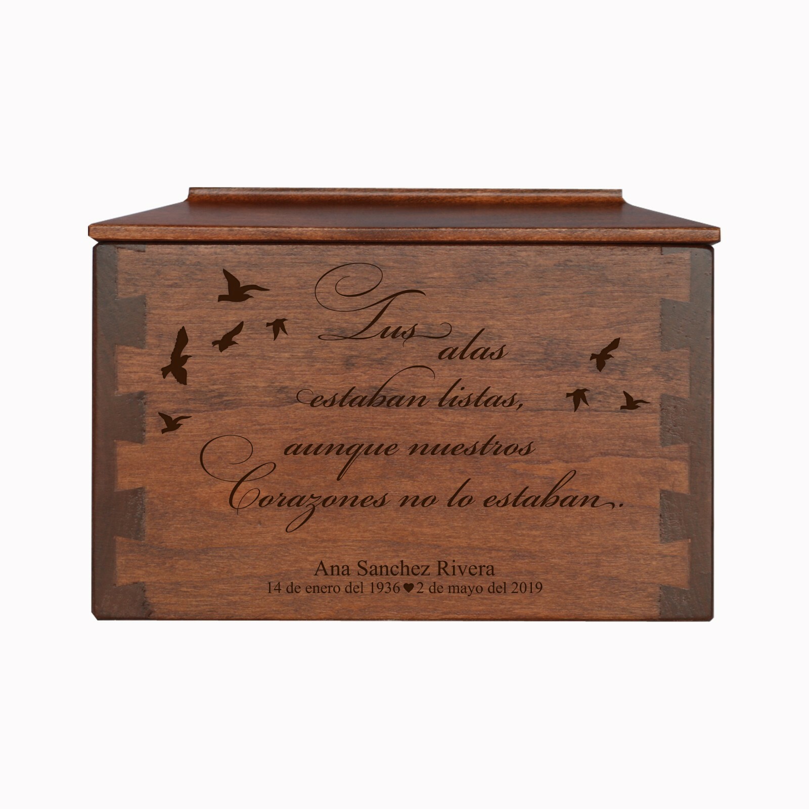 Custom Engraved Dovetail Cremation Urn Box for Human Ashes 7.75 Lus Alas Estaban