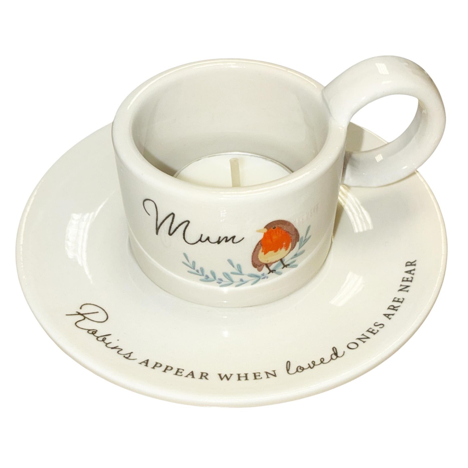 Memorial Tea Light Candle Holder Cup and Saucer Style with Robin Design – Mum