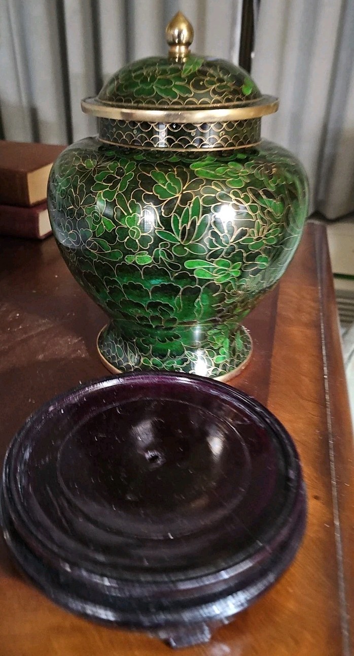 Forest Green Cloisonne Cremation Urn Large/Adult 220 cubic inches With Stand