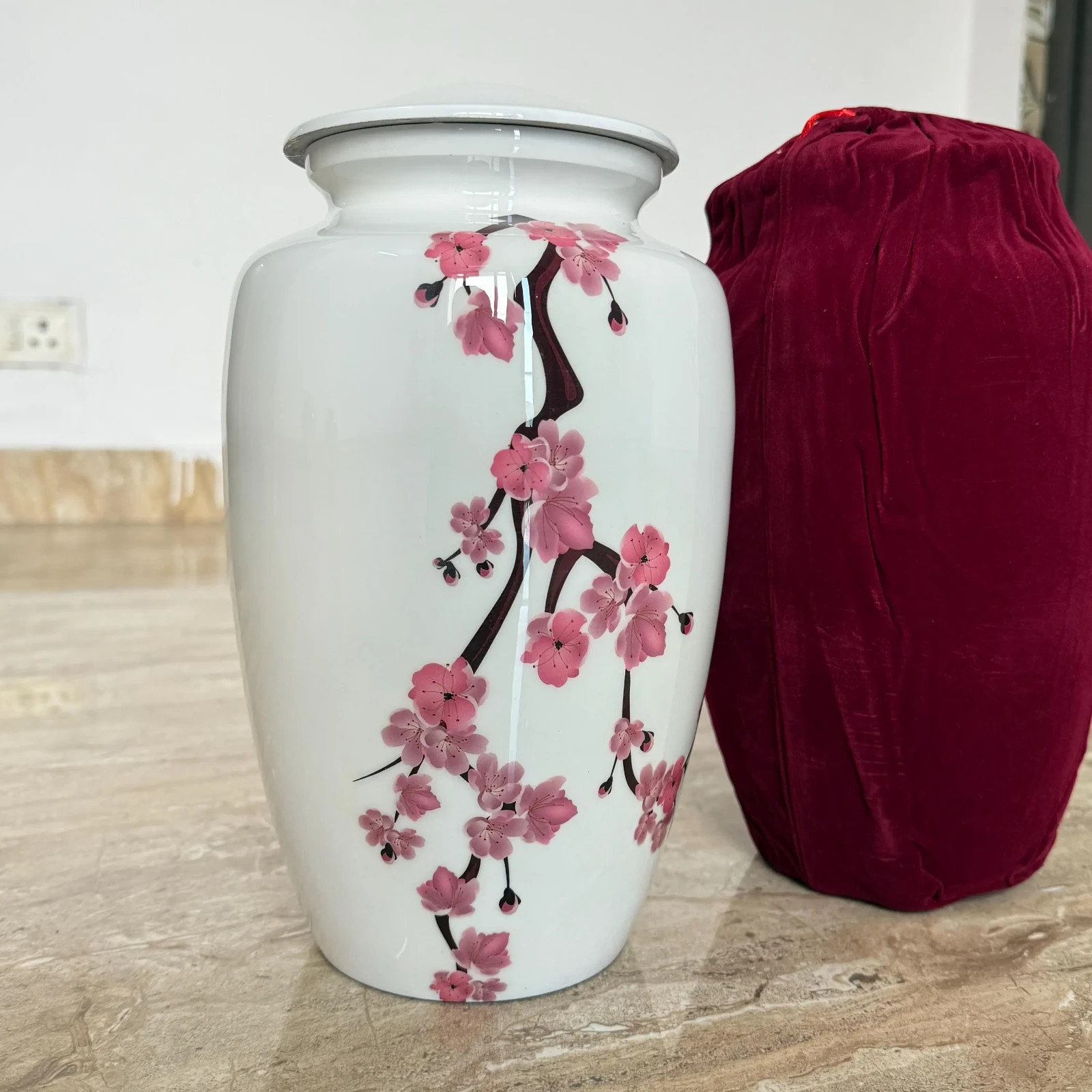 Cherry Blossom Cremation Urn, Pink Flowers, Funeral Urn 200 cu in (white)