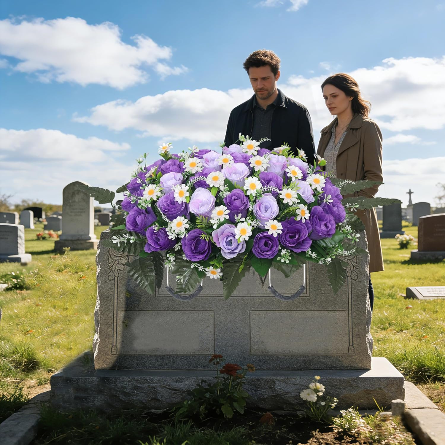 Headstone Flower Saddle,Large Artificial Cemetery Flowers for Grave Artificial R