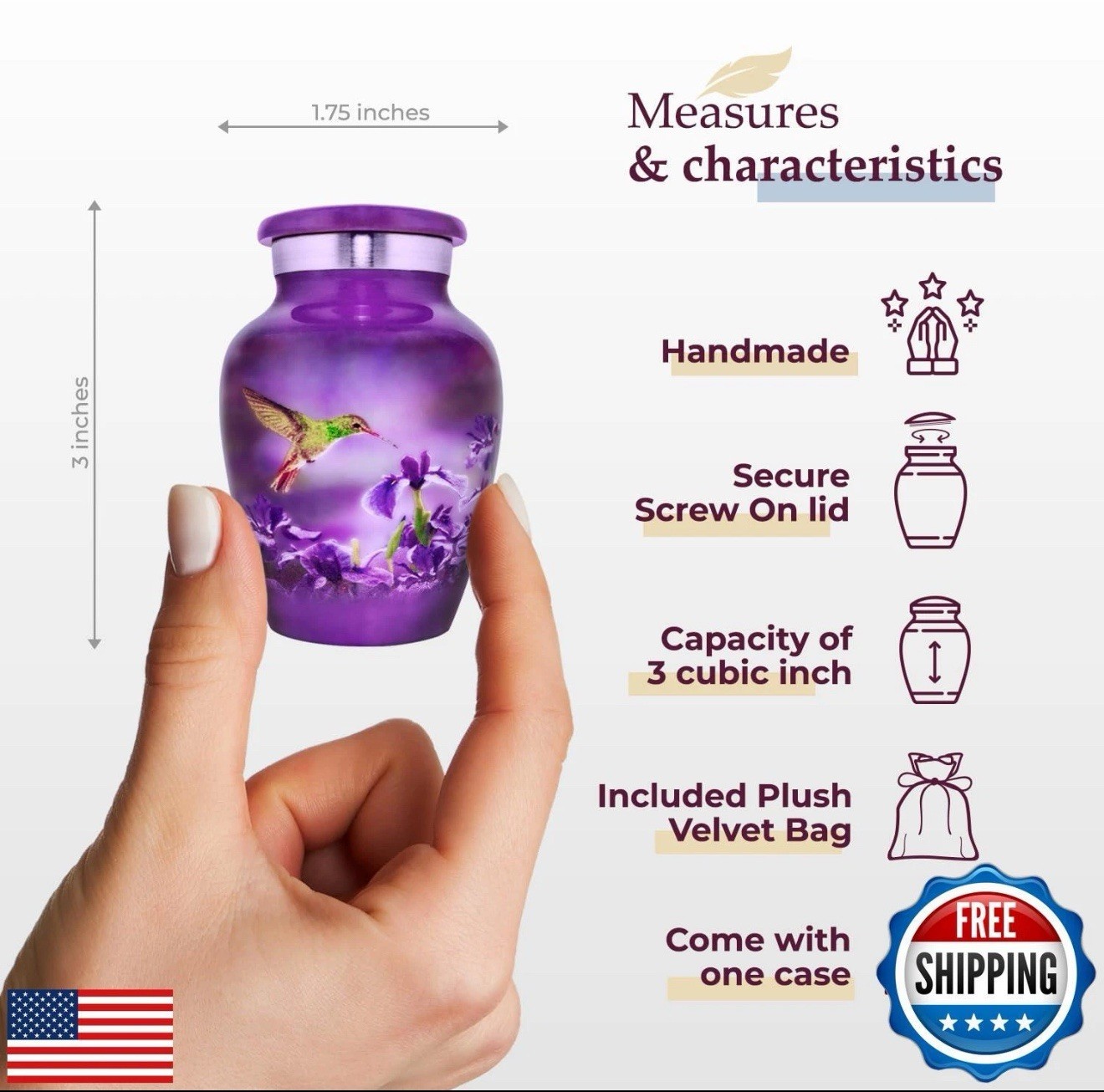 Trupoint Memorials Small Urns for Human Ashes Keepsake, Hummingbird – Purple