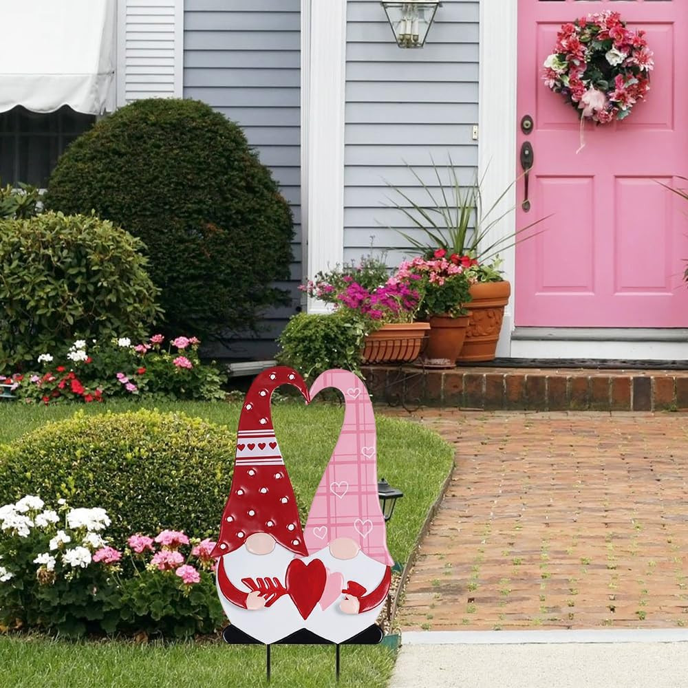 Valentines Day Decorations Outdoor, Red Pink Gnomes Decorative Garden Stakes wit