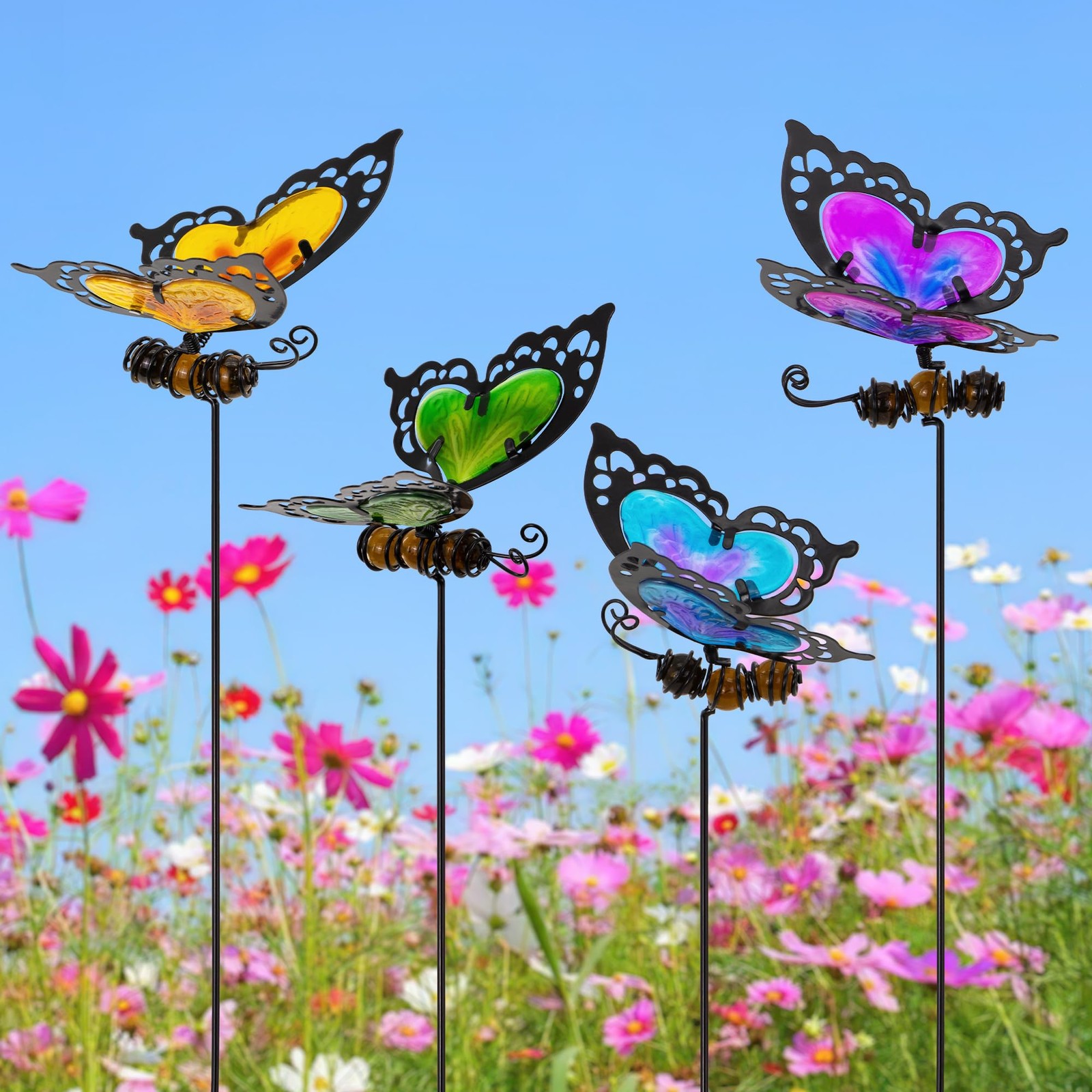 Colorful Butterfly Garden Stakes Glass and Metal Decorations for Vibrant