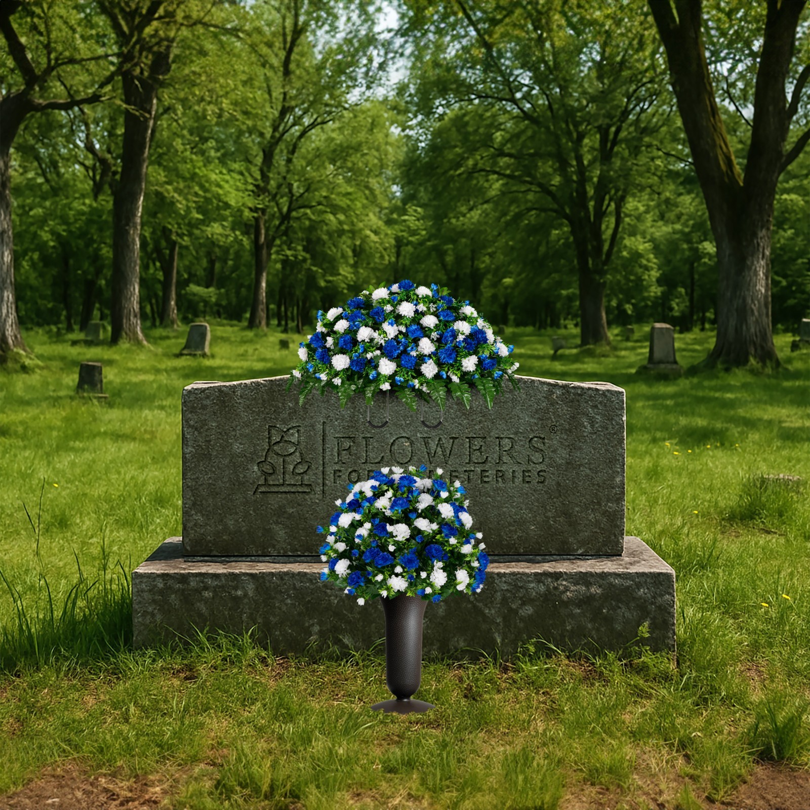 Artificial Gravesite Arrangement – Blue & White Garden Mum Saddle Bouquet & Vase