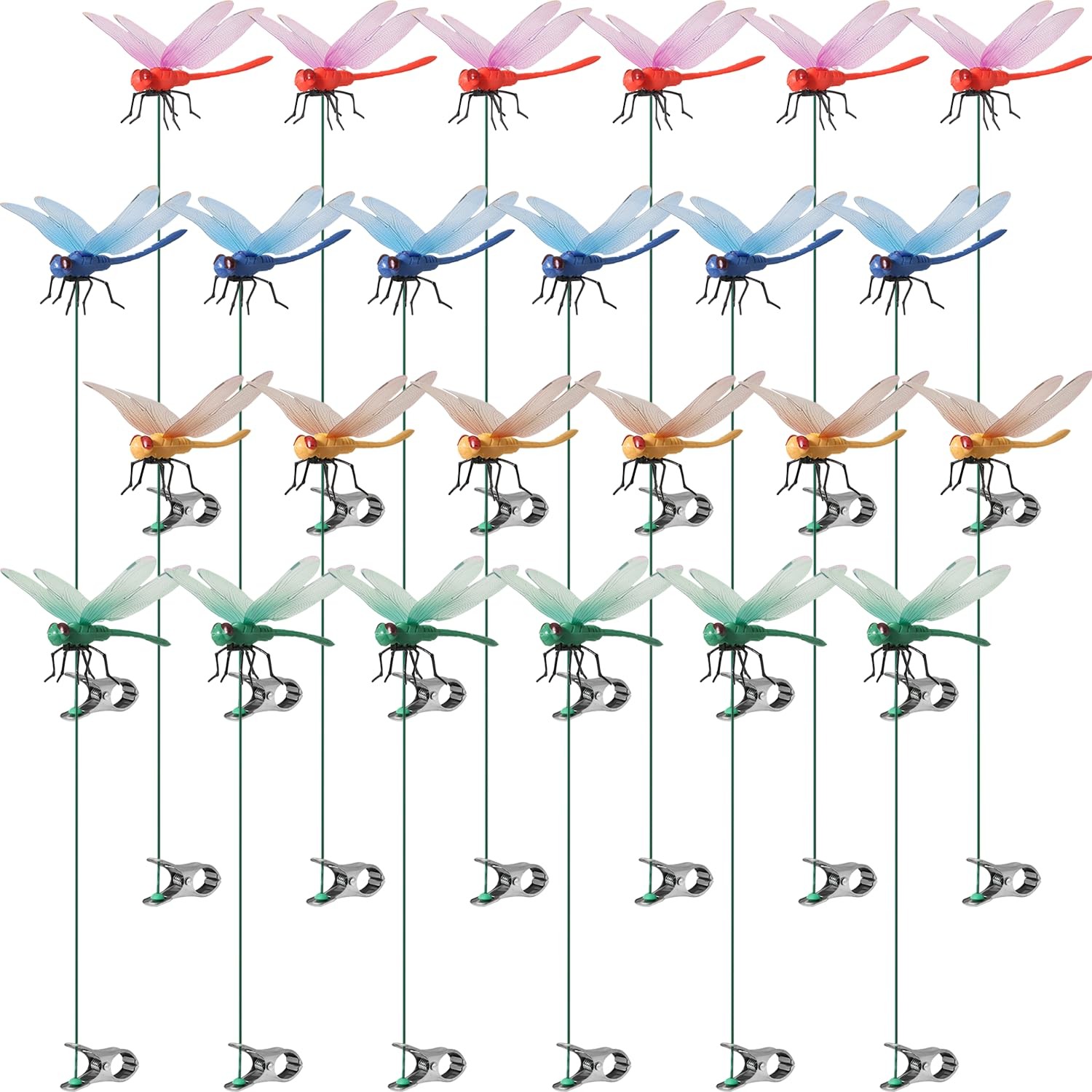 Dragonfly Clips 24 Pack Garden Stakes, Hummingbird Decor, Indoor Outdoor