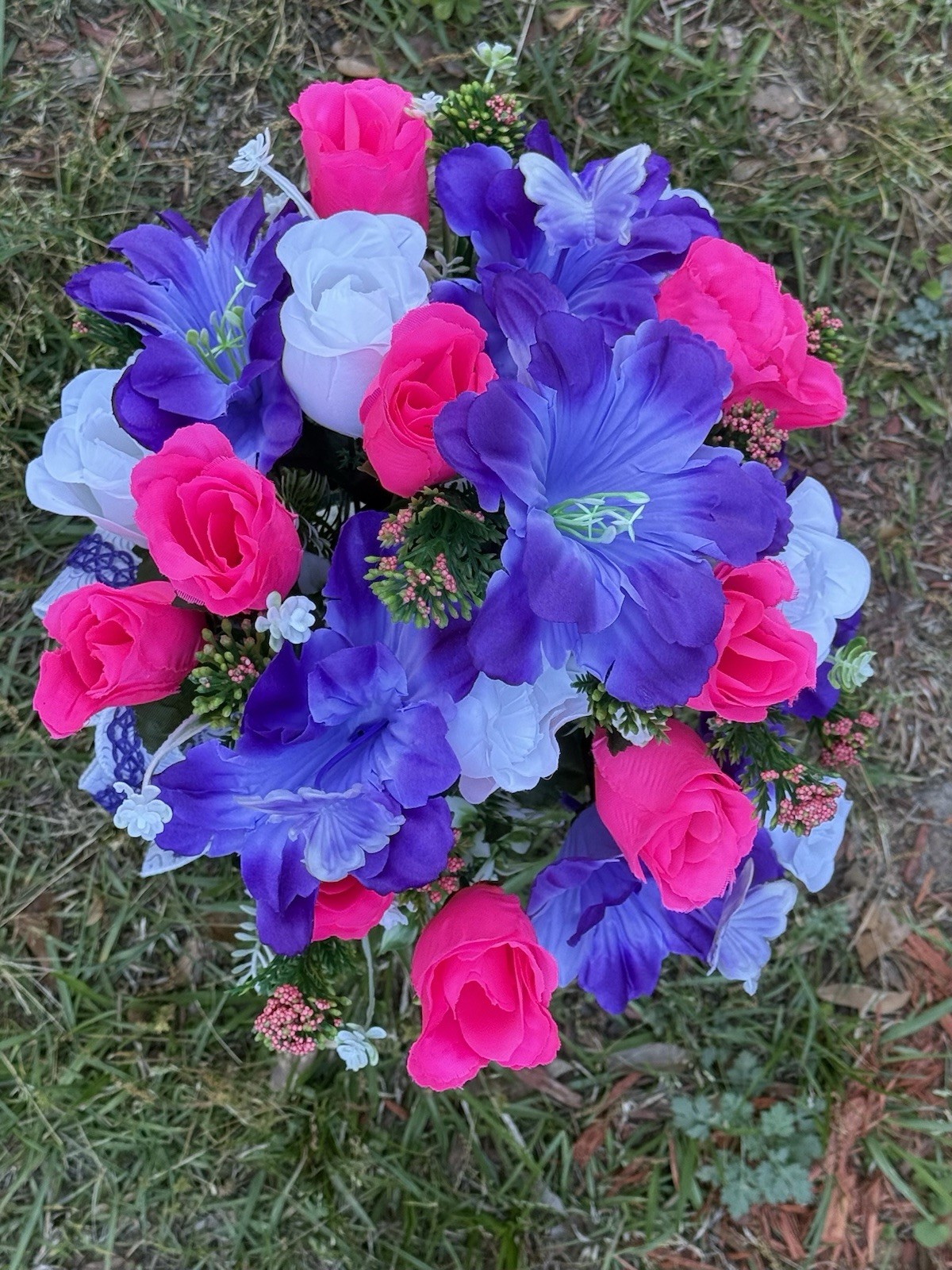Cemetery Vase Memorial Silk Flower Arrangement Purple, Hot Pink & White