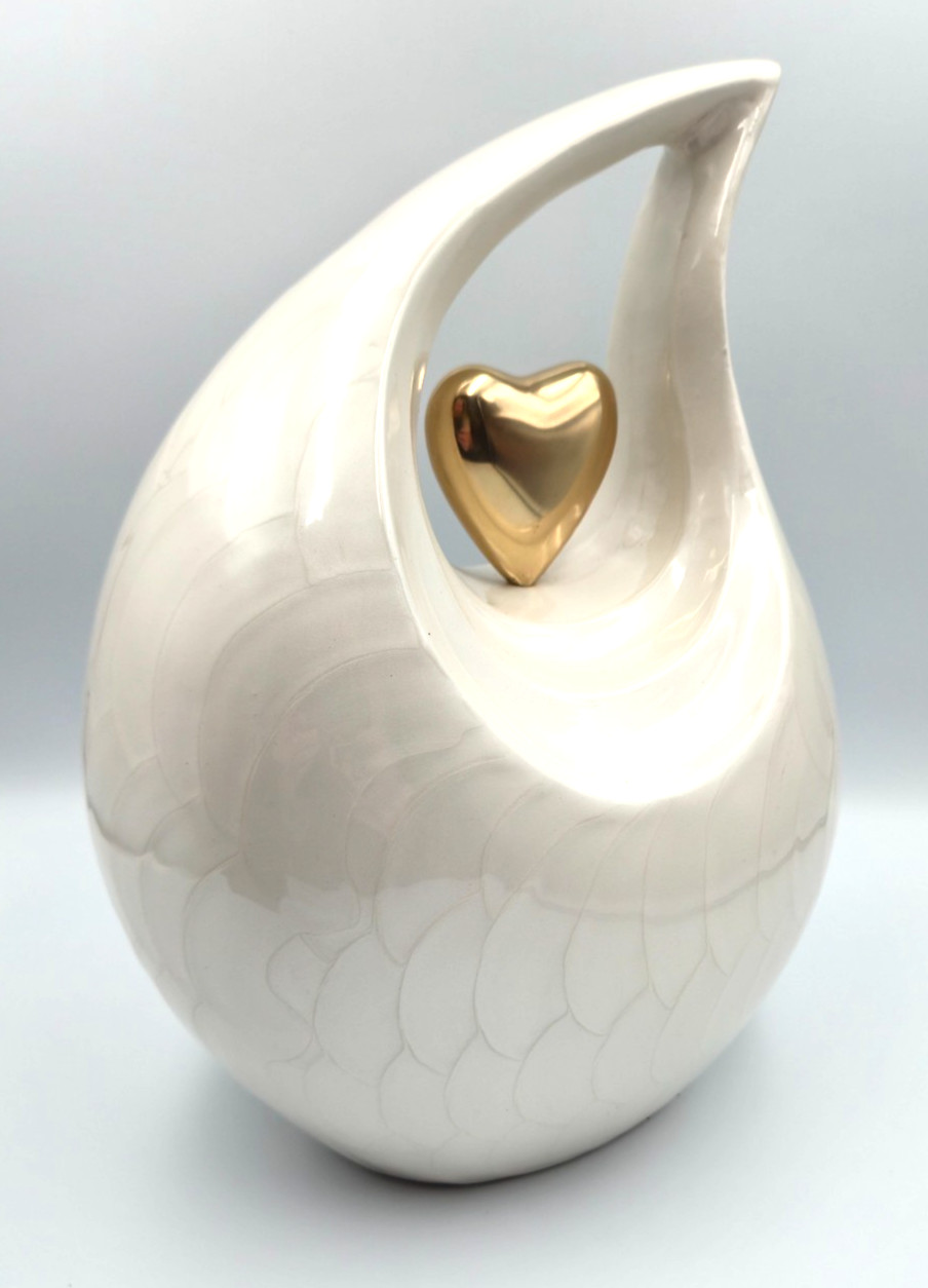 Heart of Love Cremation Urn for Adult Human Ashes, 12in, White With Gold Heart