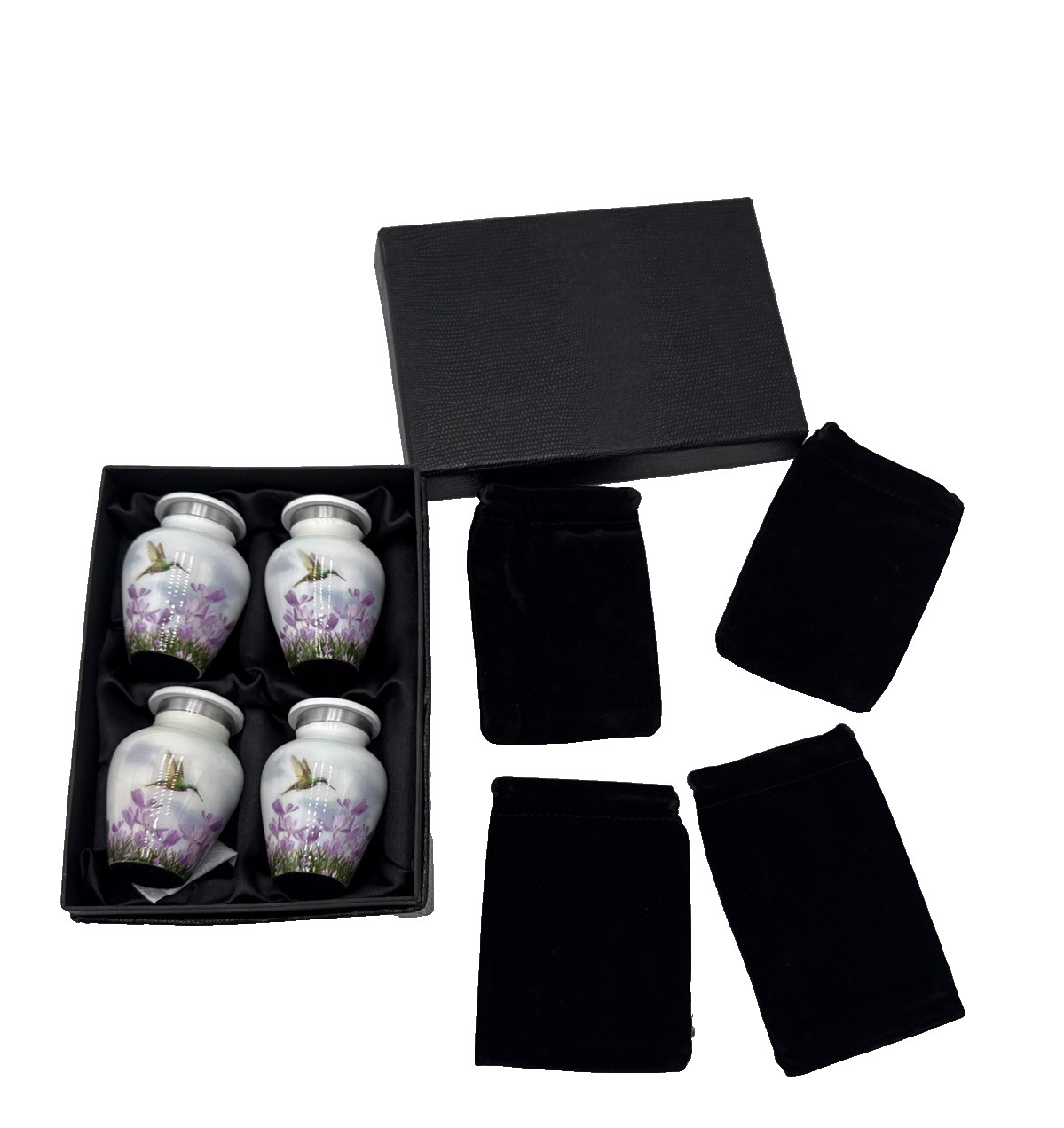 4 White Hummingbird Keepsake Urns Mini Memorial Ashes Human Pet Set
