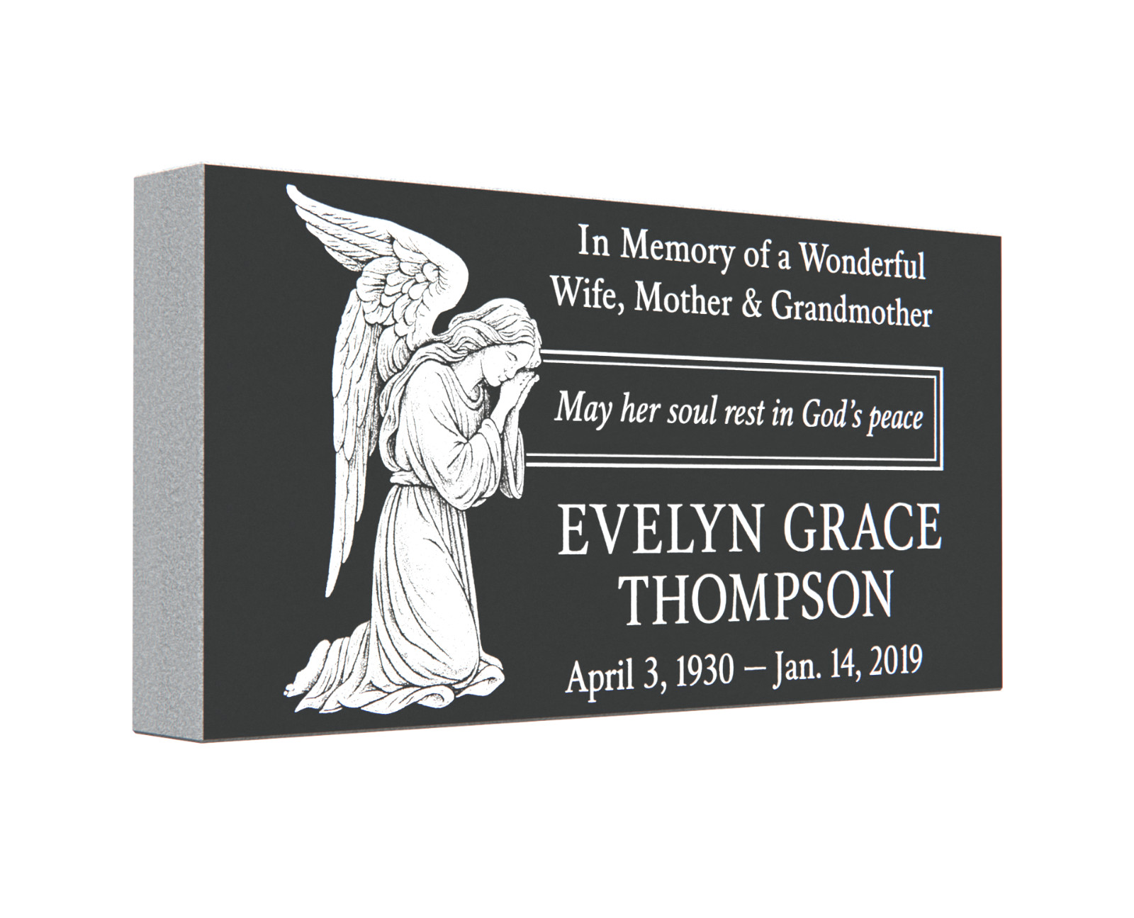 Custom Engraved Black Granite Headstone 24x12x3 – Flat Grave Marker with Angel