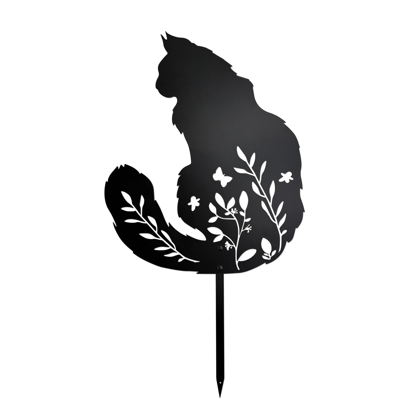 Maine Coon Cat Garden Stake – Elegant Black Cat Statue with Floral Design for…