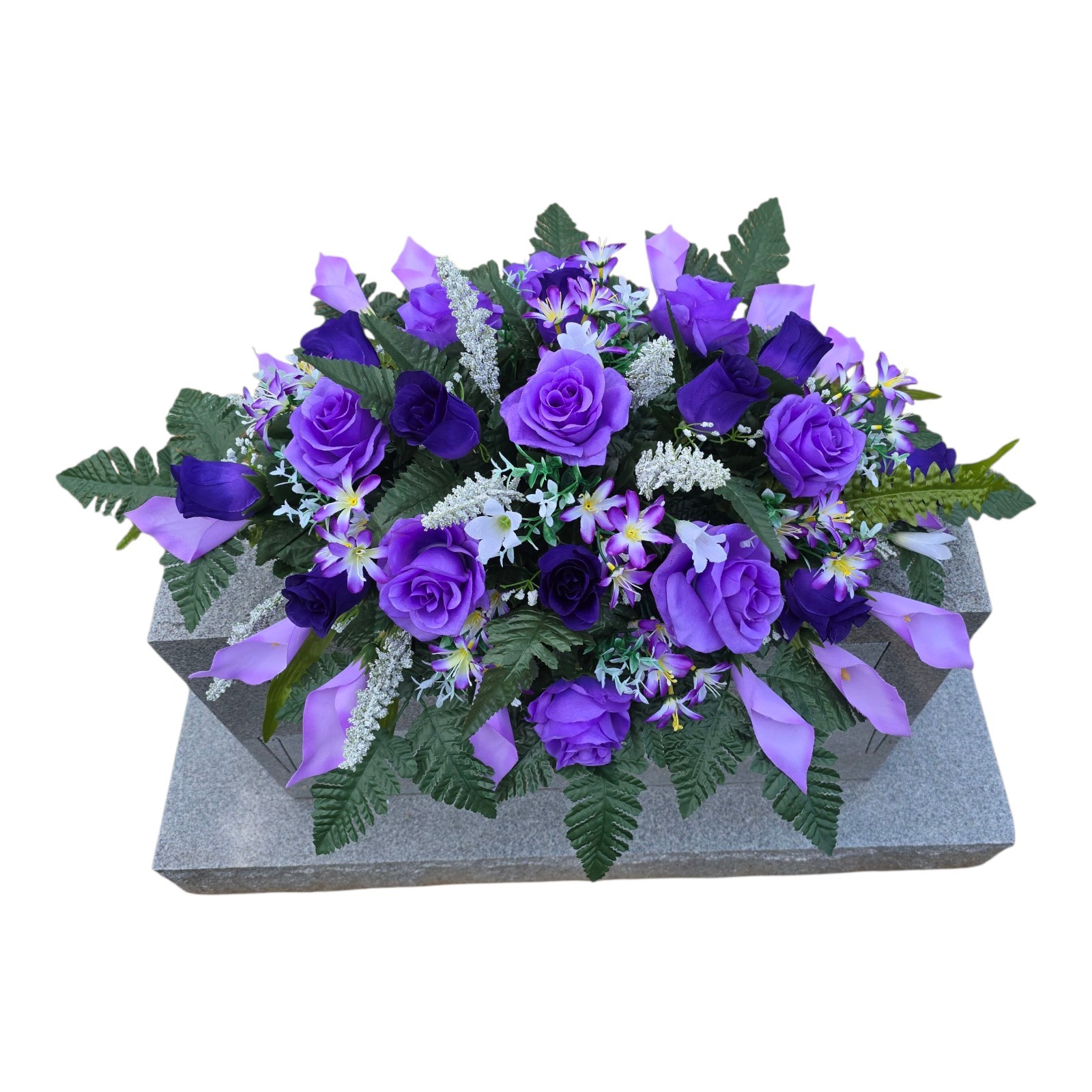 PURPLE HEADSTONE SADDLE WITH PURPLE ROSES & CALLA LILY’S FOR CEMETERY
