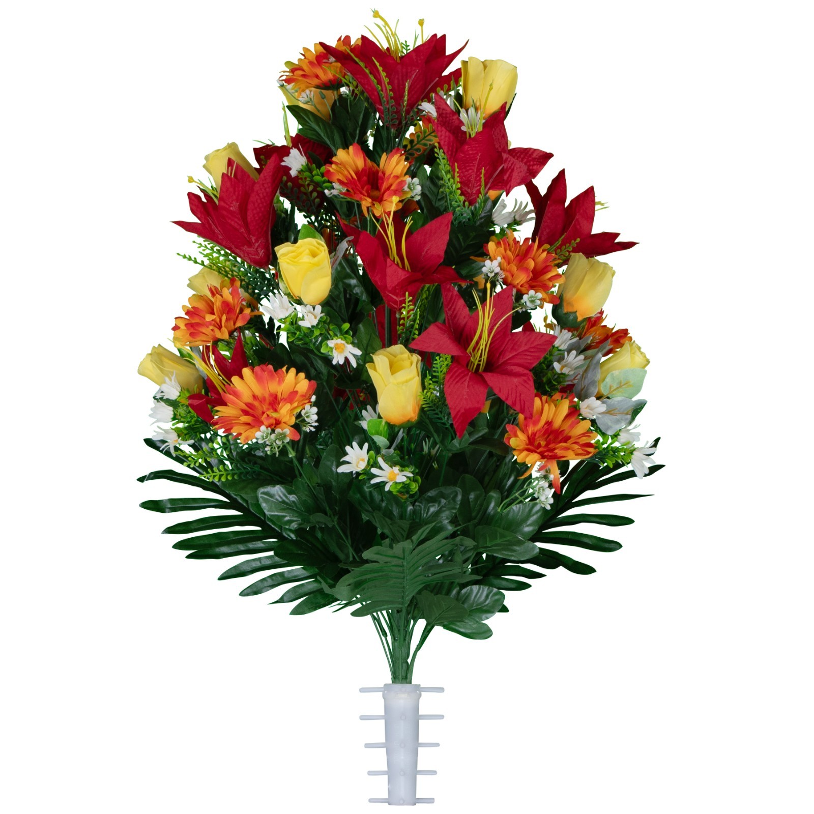 Artificial Cemetery Flowers -Red Lilies with Sunrise Daisies and Yellow Roses