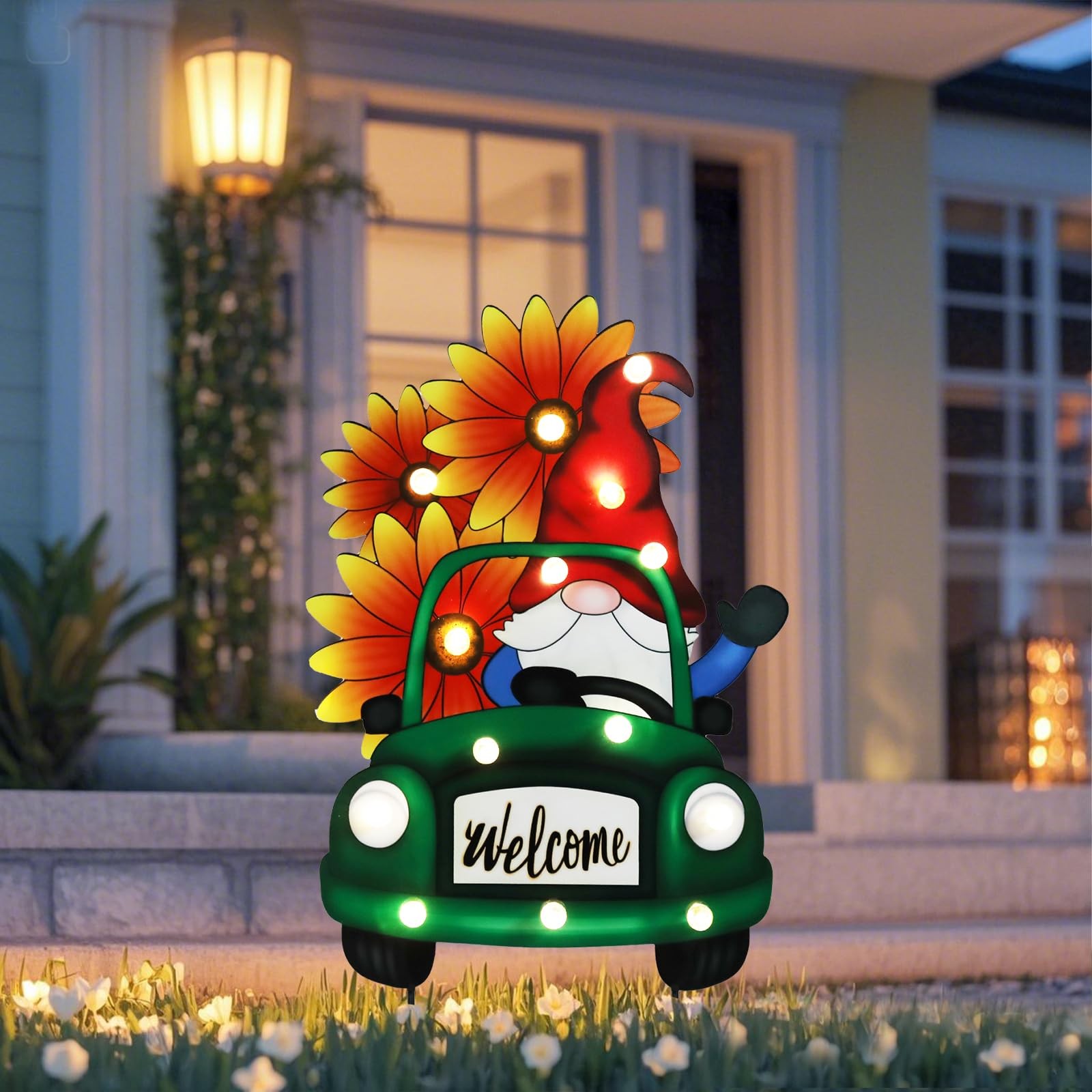 Decorative Garden Stakes – Lighted Gnome Drive Truck Yard Sign Stakes with Su…