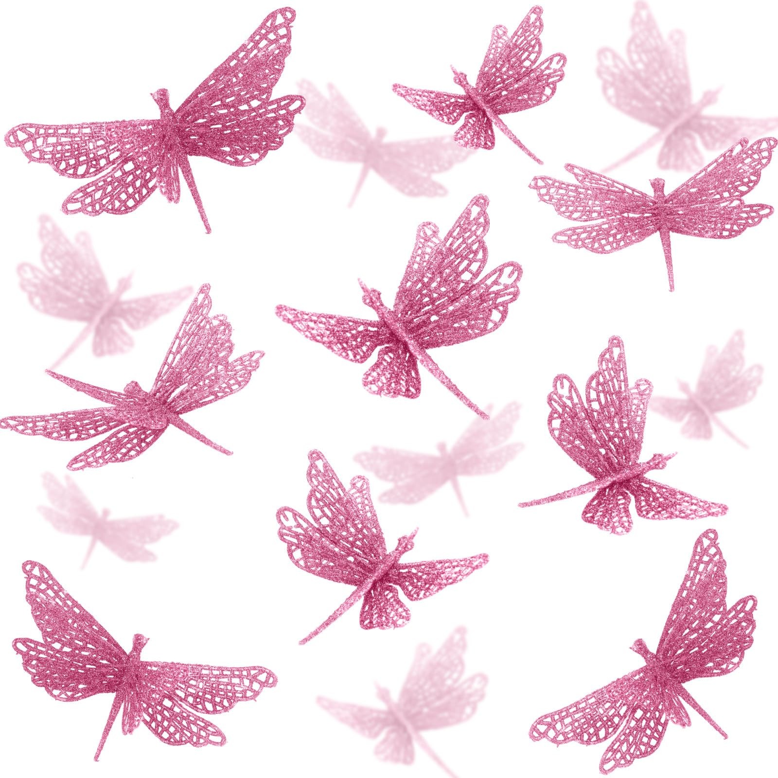 24 Pcs Glitter Dragonfly Decorations, Pink 3D Dragonfly Wall Decor with Clips…