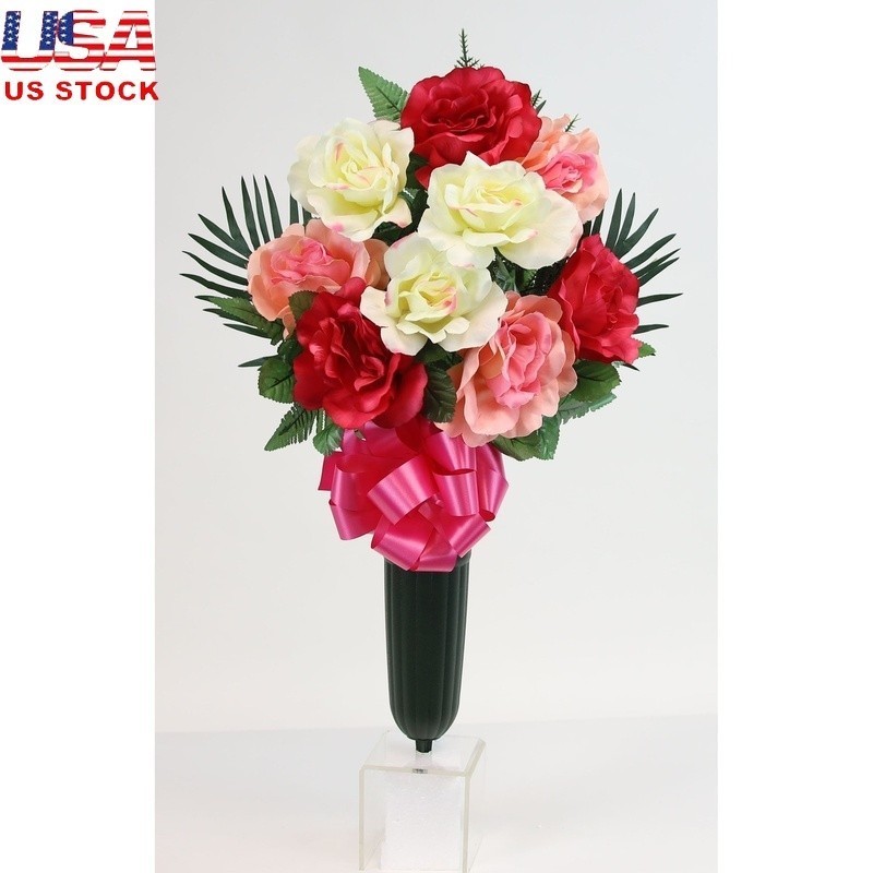 Large Rose Cemetery Vase W/ Deep Pink & White Artificial Flowers Green Pedestal