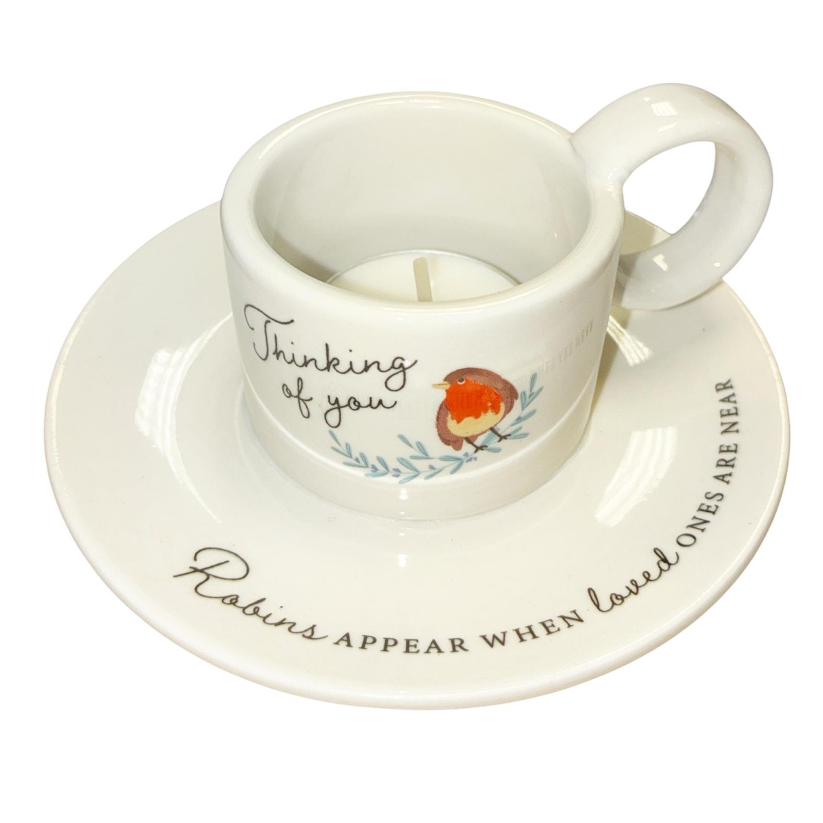 Memorial Tea Light Candle Holder Cup and Saucer Style with Robin Design Thinking