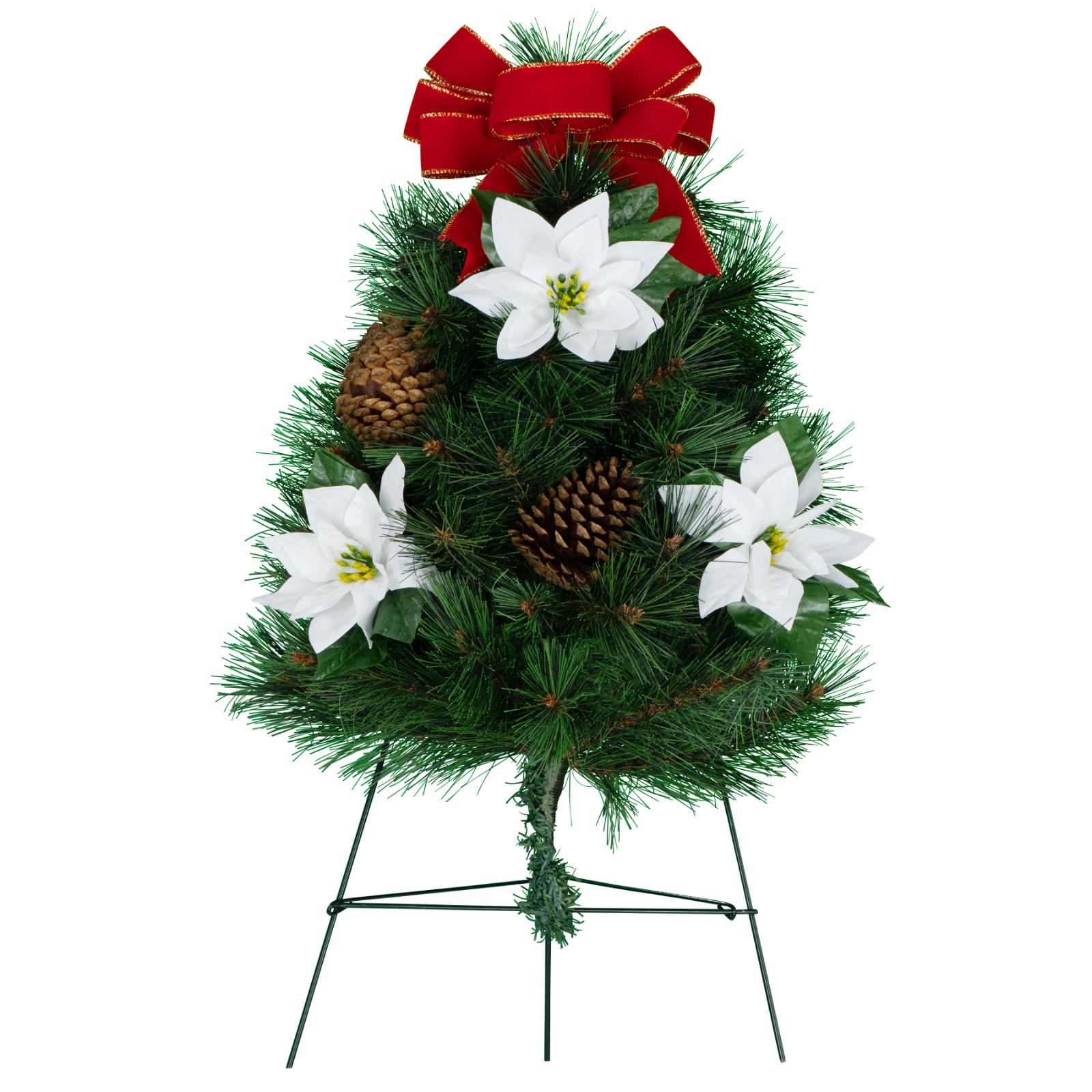 Artificial Christmas Tree on Easel with White Poinsettia and Red Bow
