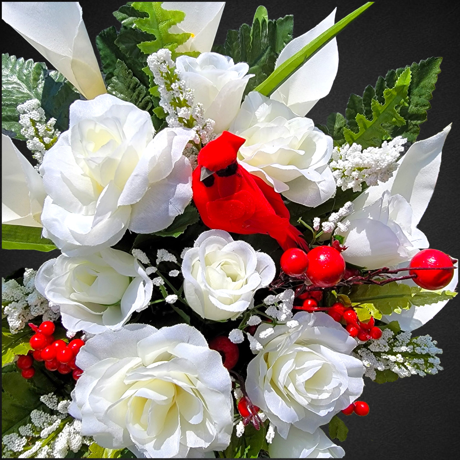 Cream Calla Lilies & Roses with birds and berries Cemetery Cone Pair