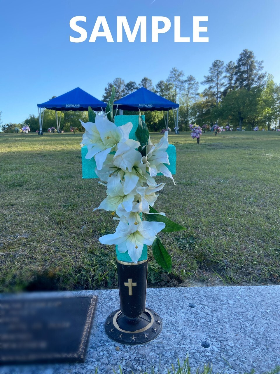 Cemetery Memorial Cross Silk Flower Arrangement Yellow & Orange