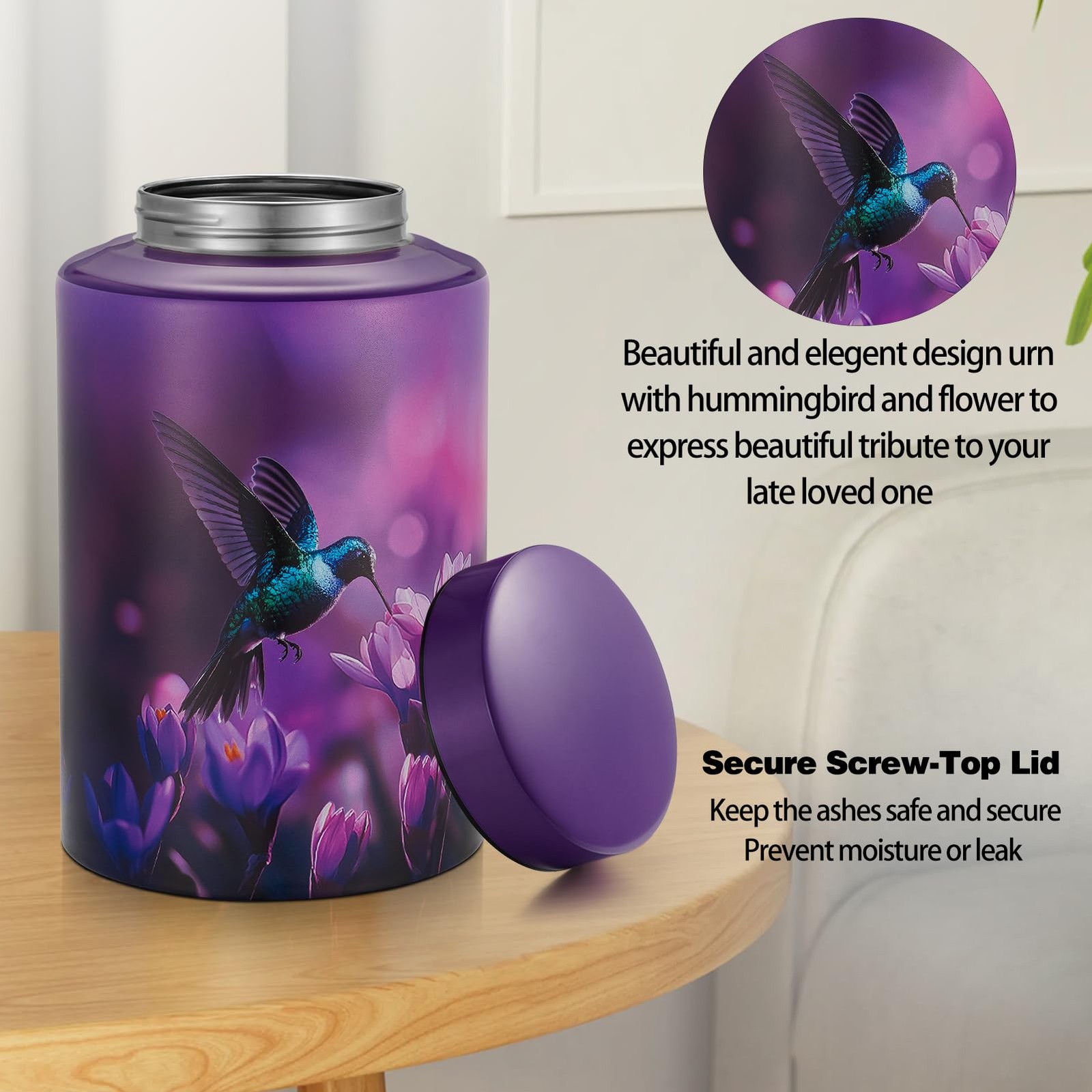Cremation Urn for Human Ashes Large 9.25″ Purple Hummingbird – Holds Up to 220