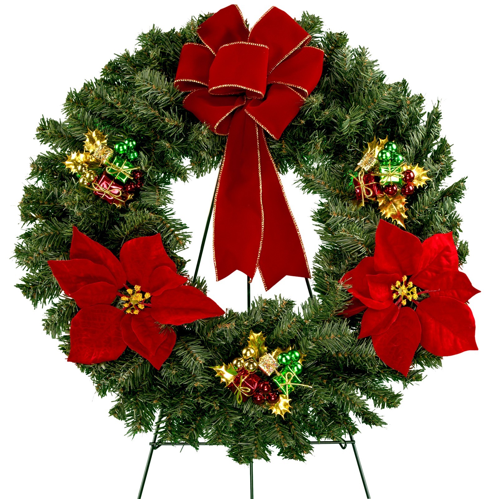 Red Poinsettias & Holiday Ornaments Wreath with Red Velvet Bow & 30 Inch Easel