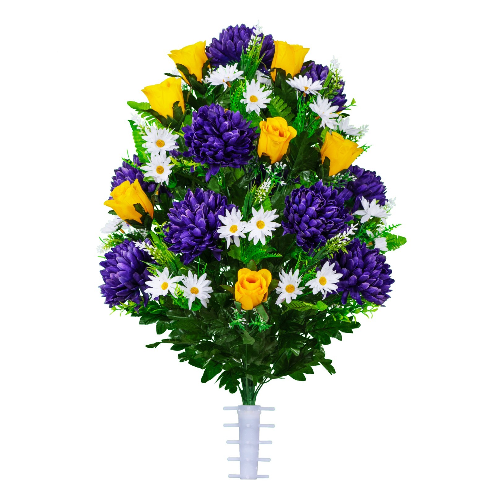 Artificial Cemetery Flowers- Purple Mum and Yellow Rose Bouquet