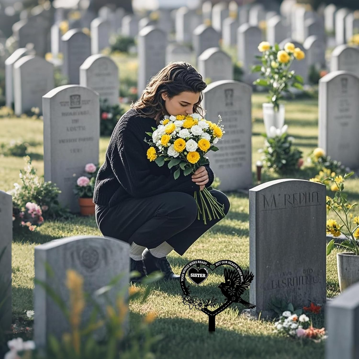 Grave Decorations for Cemetery – Sister Metal Memorial Grave Markers, Heart Memo