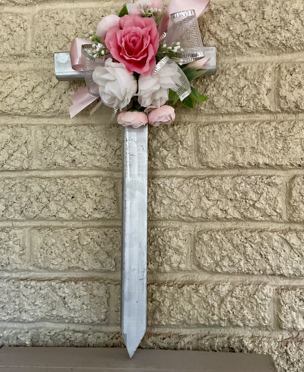 Cemetery flowers, cemetery decoration, memorial flowers for a female, cross memo